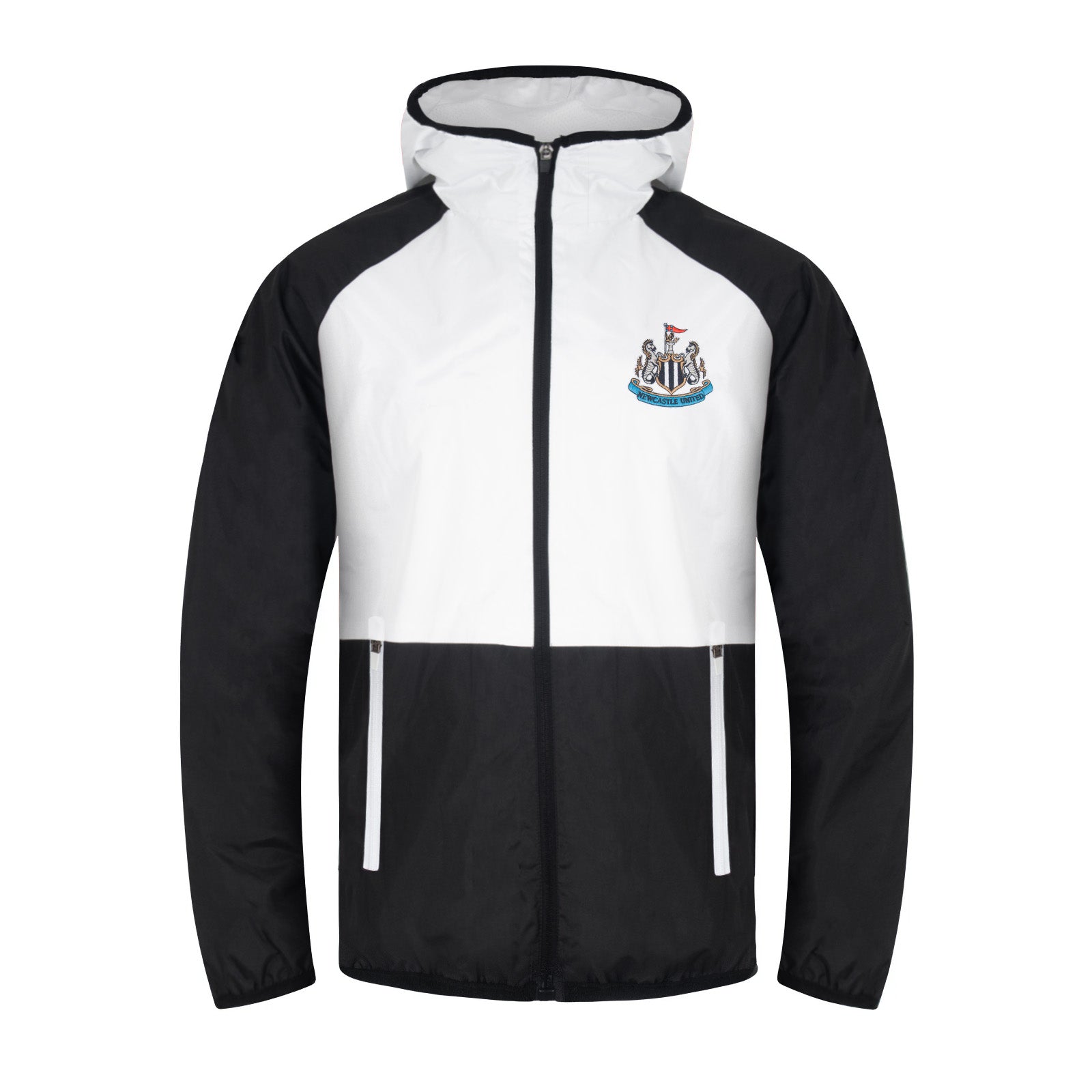 Newcastle Utdadults shower jacket in black & white with club crest to chest .