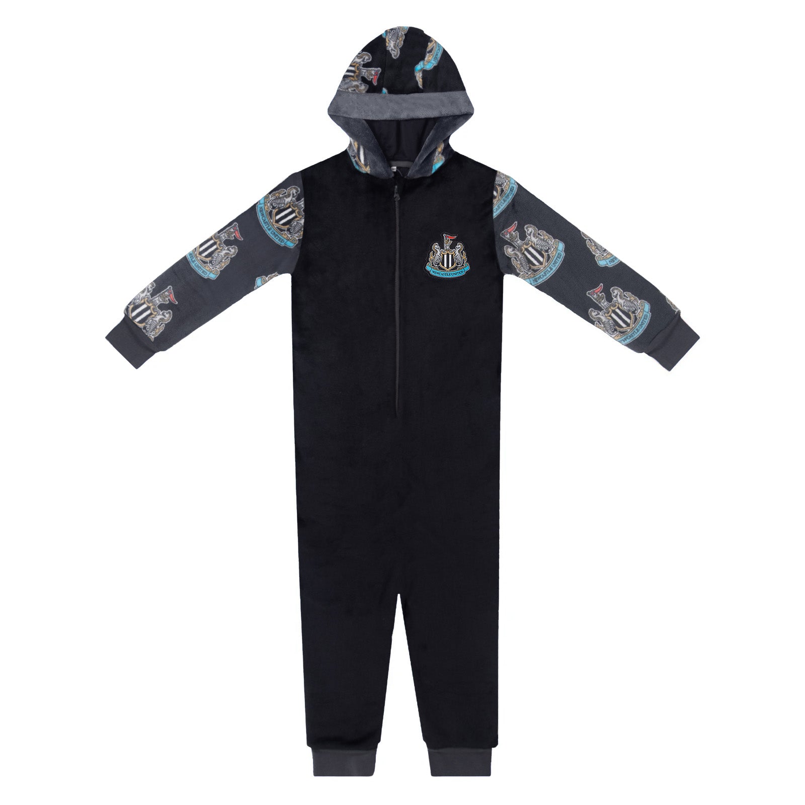 Newcastle United kids all-in-one hooded fleece with all over print team crest.