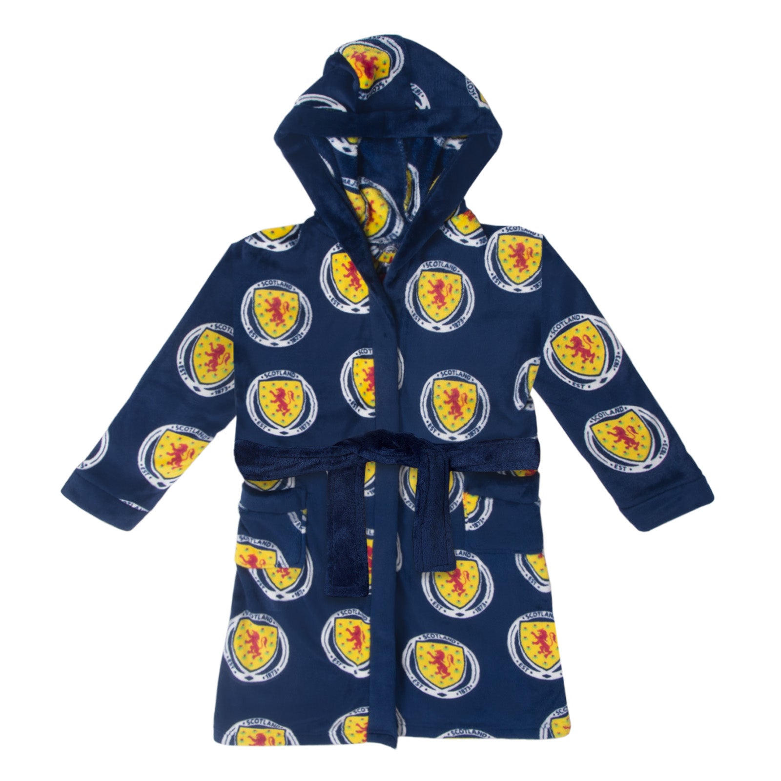 Scotland kids dressing gown hooded fleece with all over print team crest.