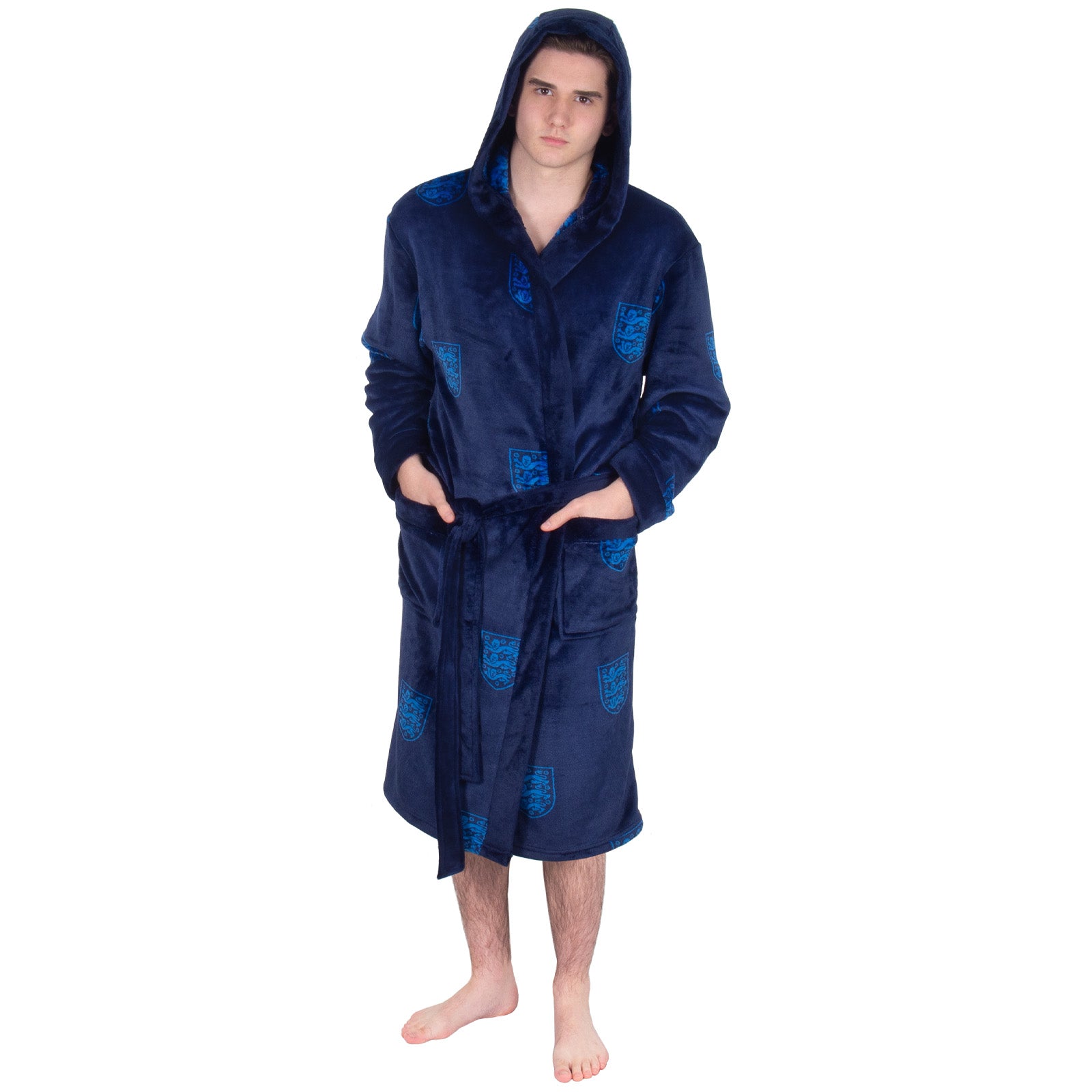 England adults dressing gown hooded fleece with all over print team crest.