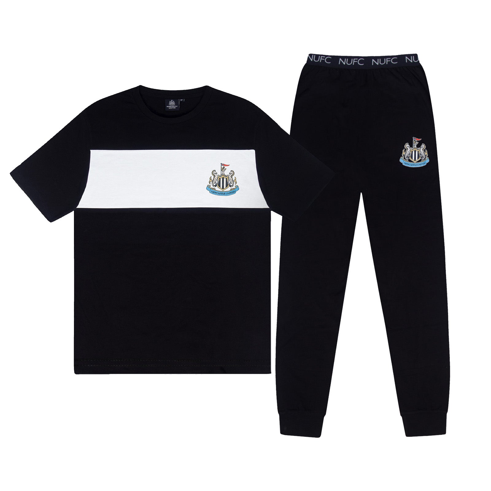 Newcastle adults long pyjamas in black. Short sleeve top with club crest to chest and long bottoms with club crest