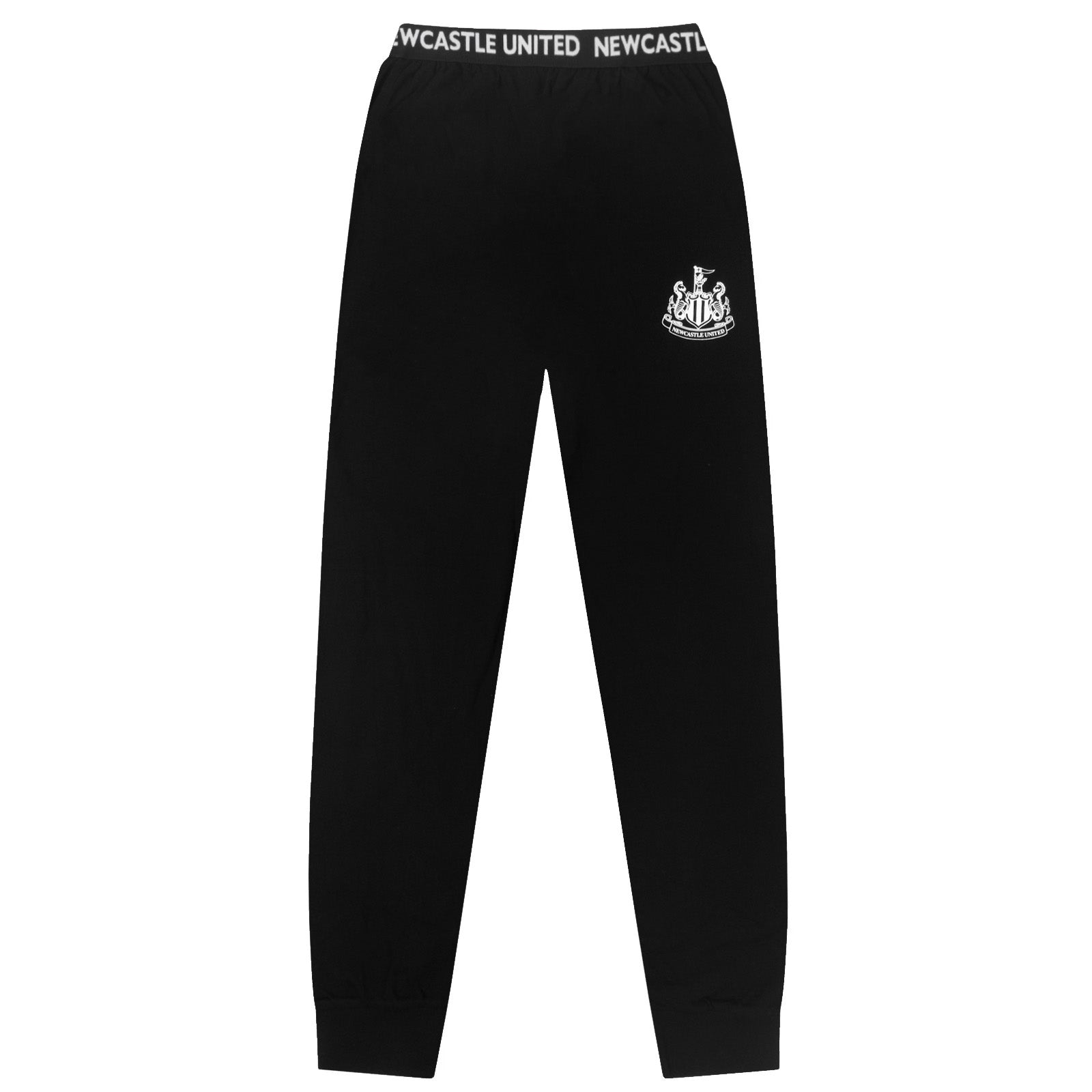 Newcastle United adults long pyjamas in black and white. Short sleeve top featuring club crest to chest. Long bottoms with club crest to leg and NEWCASTLE text on the waistband