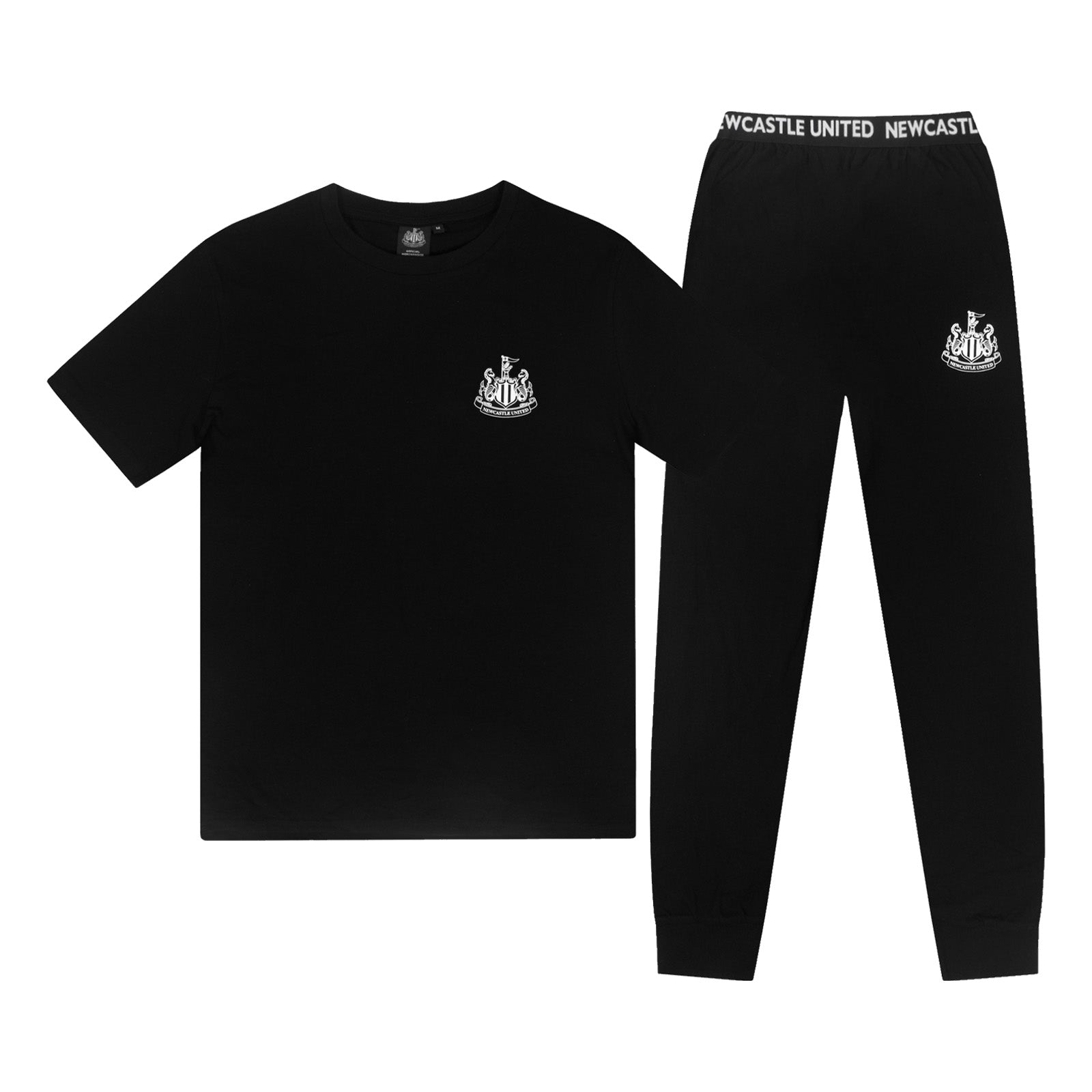 Newcastle United adults long pyjamas in black and white. Short sleeve top featuring club crest to chest. Long bottoms with club crest to leg and NEWCASTLE text on the waistband