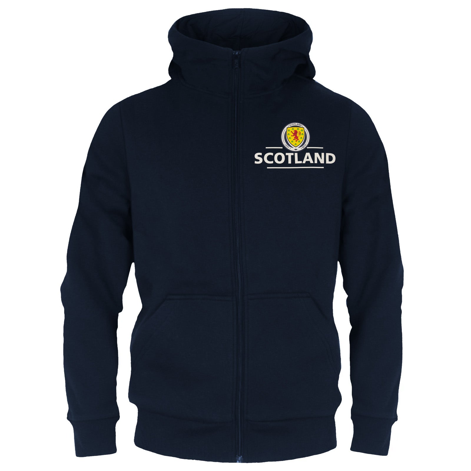 Scotland kids zip through hood in navy with national team crest & text print to front.