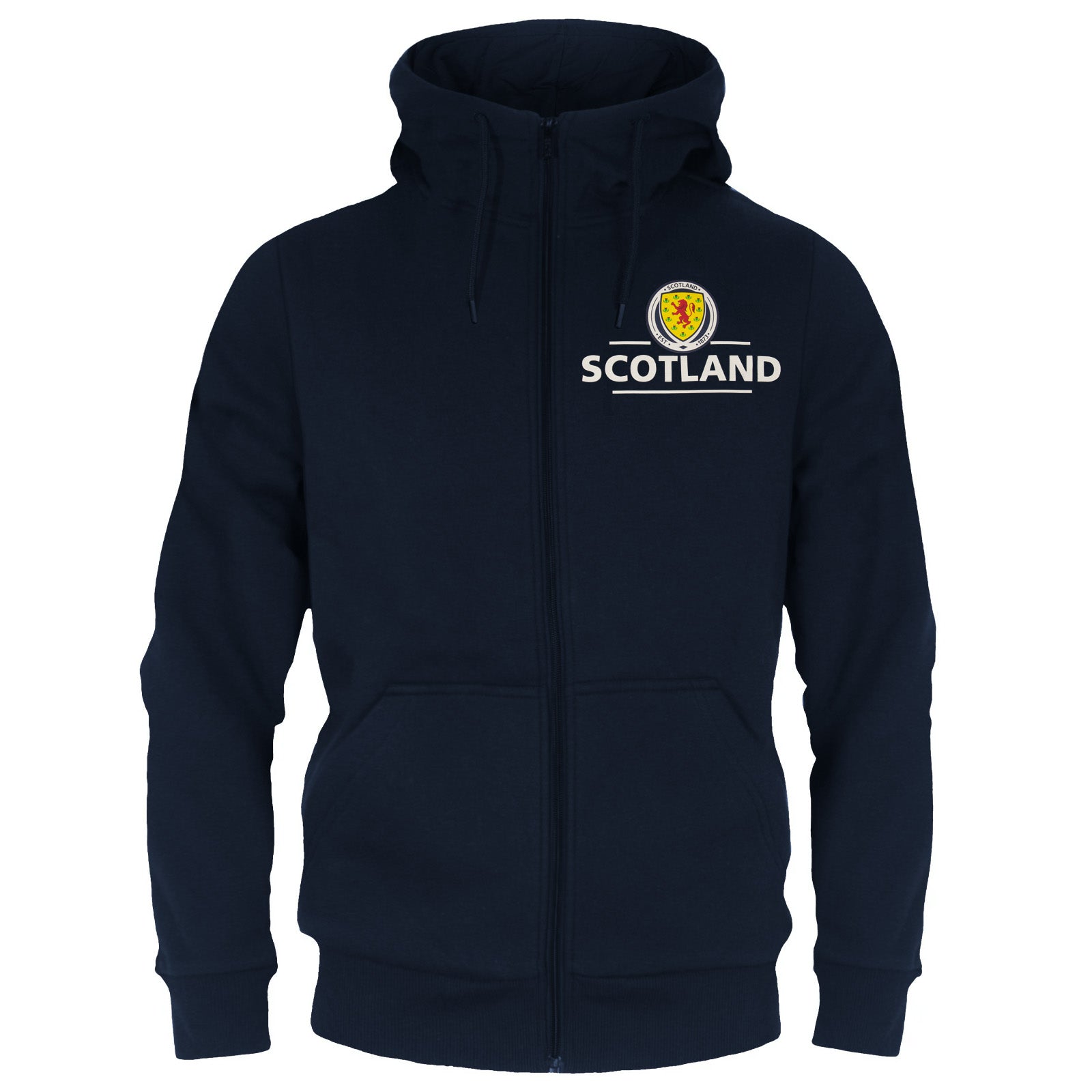 Scotland adults zip through hood in navy with national team crest & text print to front.