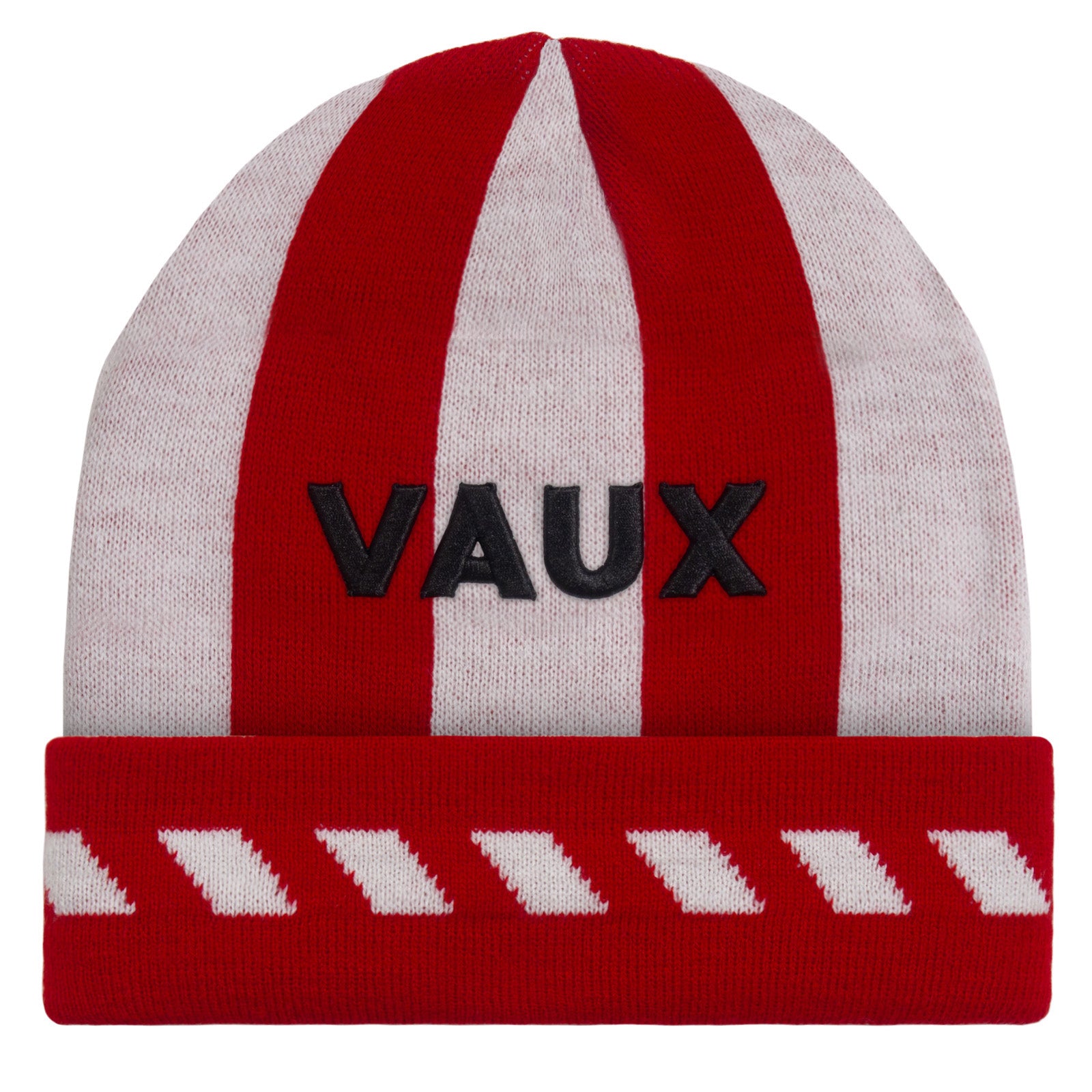 Sunderland retro knitted beanie hat in red, white & black with Vaux text to front