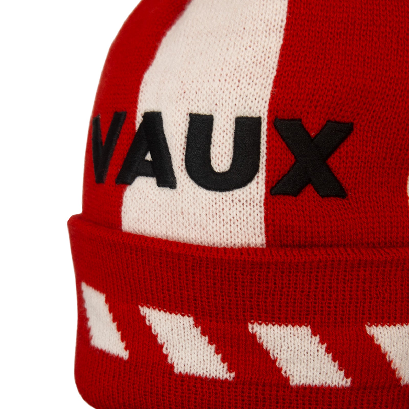 Sunderland retro knitted bobble hat in red, white & black with Vaux text to front