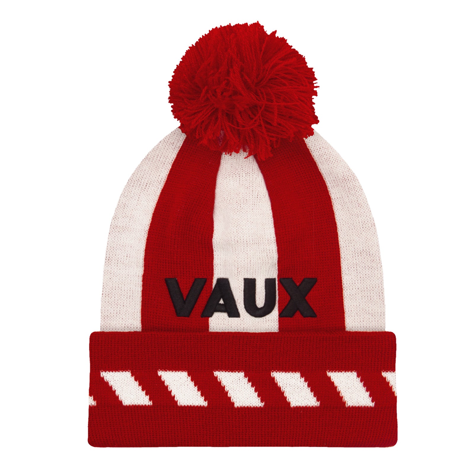 Sunderland retro knitted bobble hat in red, white & black with Vaux text to front