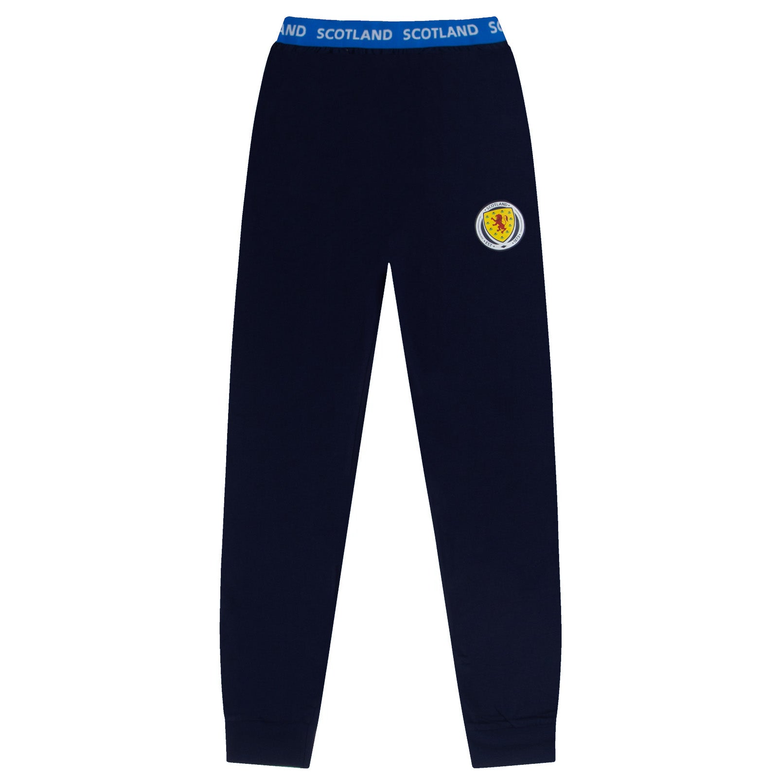 Scotland adults premium pyjamas in navy blue. Short-sleeved t-shirt and full-length bottoms featuring the scottish FA team crest plus 'SCOTLAND' text to the waistband