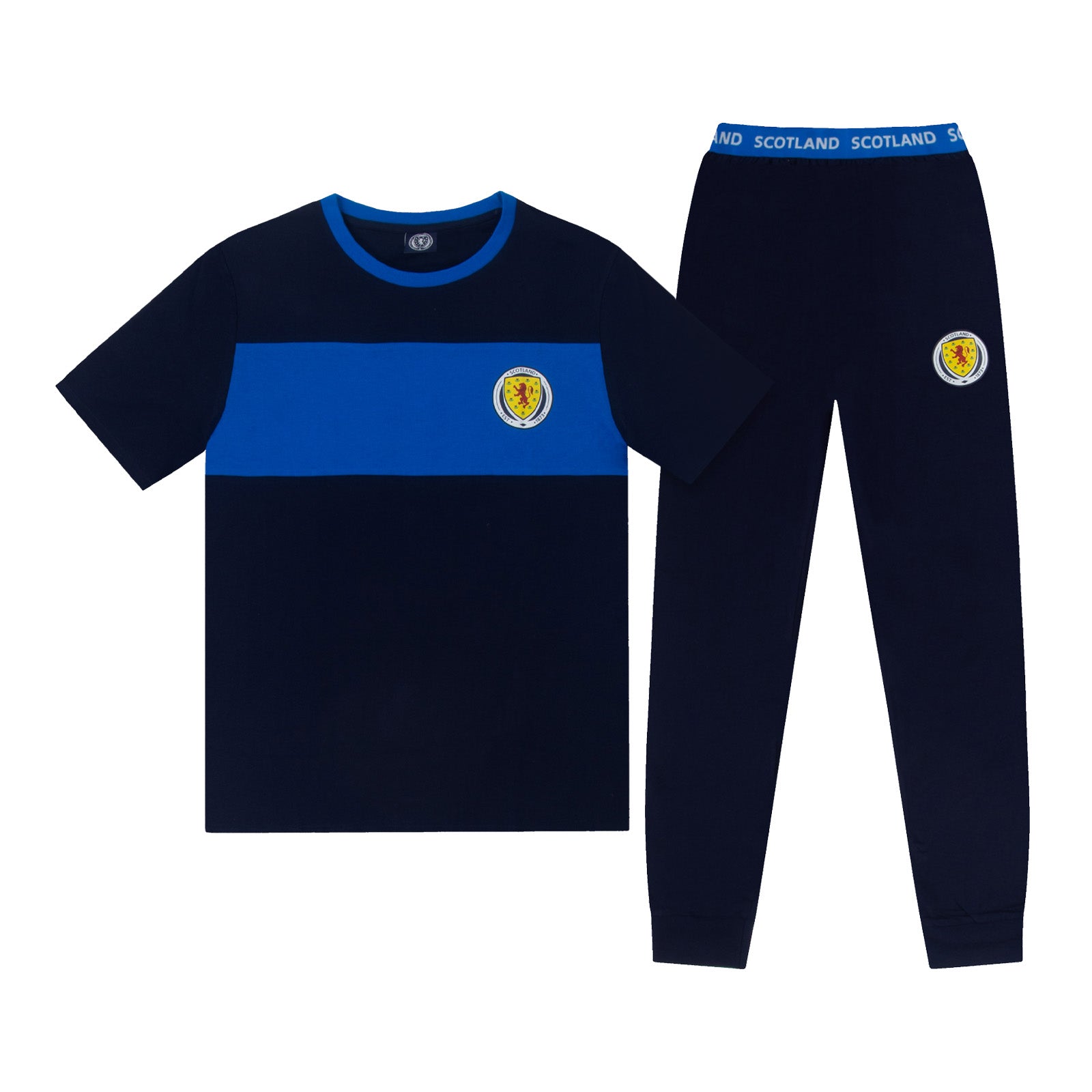 Scotland adults premium pyjamas in navy blue. Short-sleeved t-shirt and full-length bottoms featuring the scottish FA team crest plus 'SCOTLAND' text to the waistband