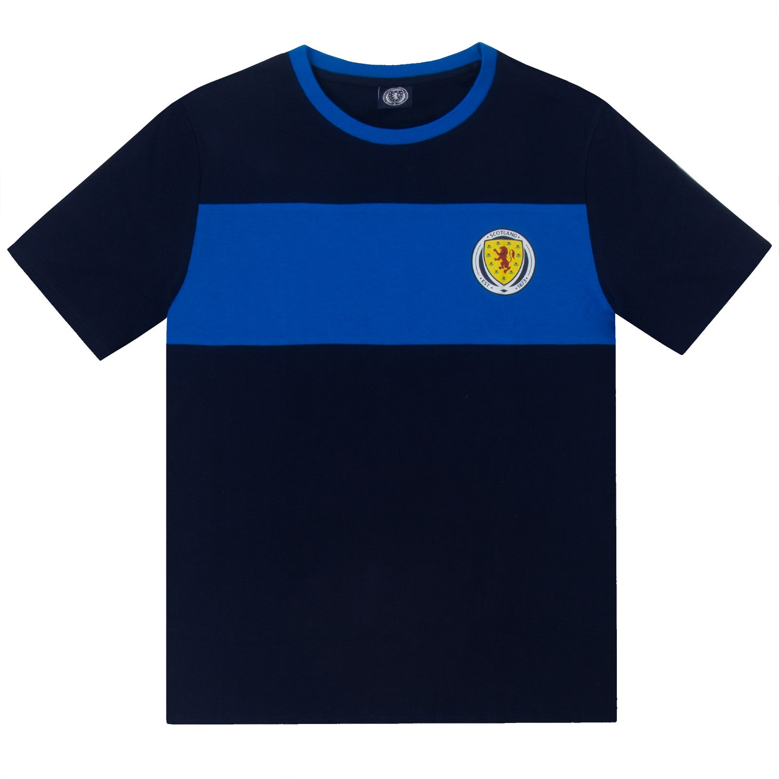Scotland adults premium pyjamas in navy blue. Short-sleeved t-shirt and full-length bottoms featuring the scottish FA team crest plus 'SCOTLAND' text to the waistband