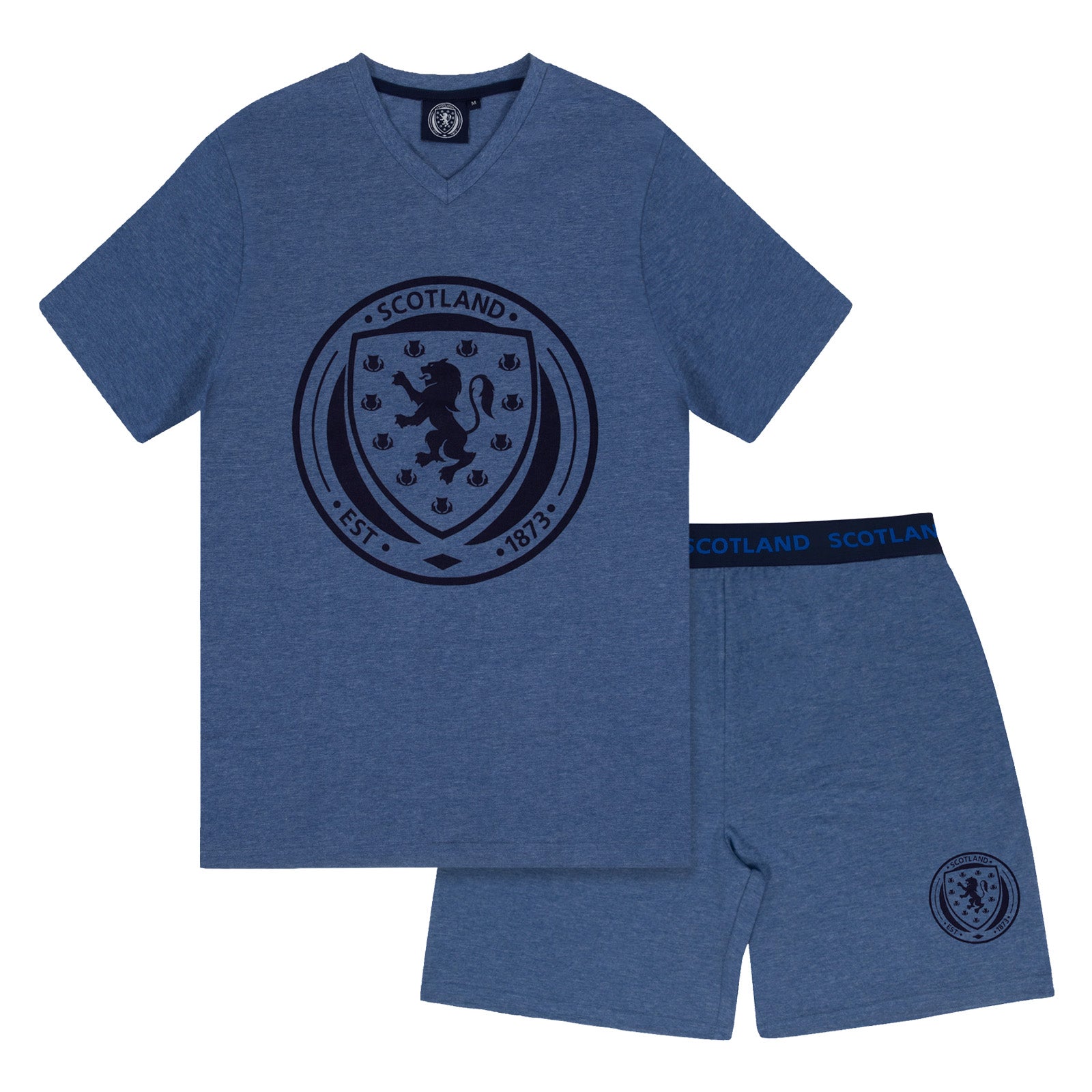 Scotland adults short pyjamas in navy marl. T-shirt and shorts set featuring the scottish FA team crest plus 'SCOTLAND' text to the waistband