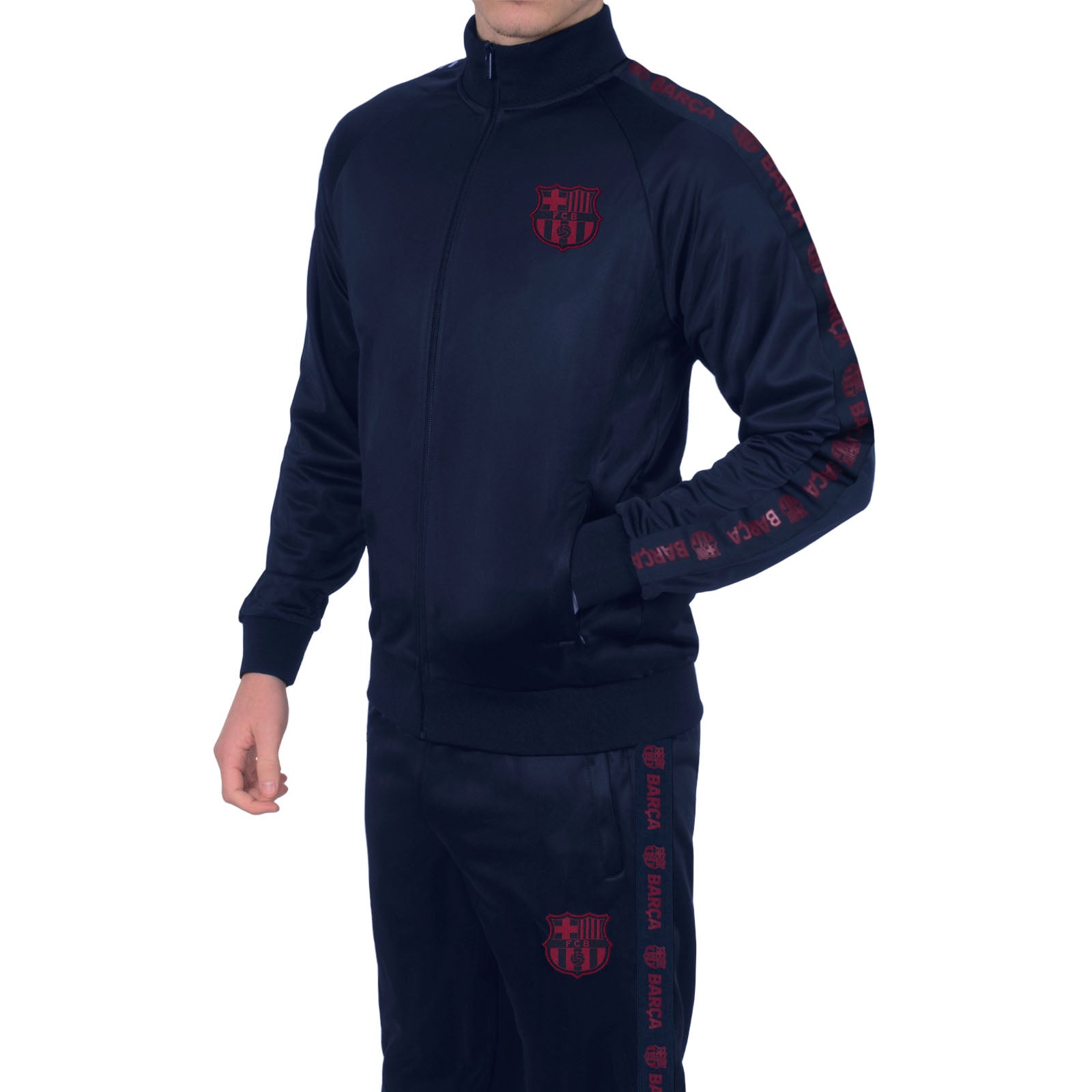 FC Barcelona adults taped tracksuit in navy blue with club crest and text to both top & pants