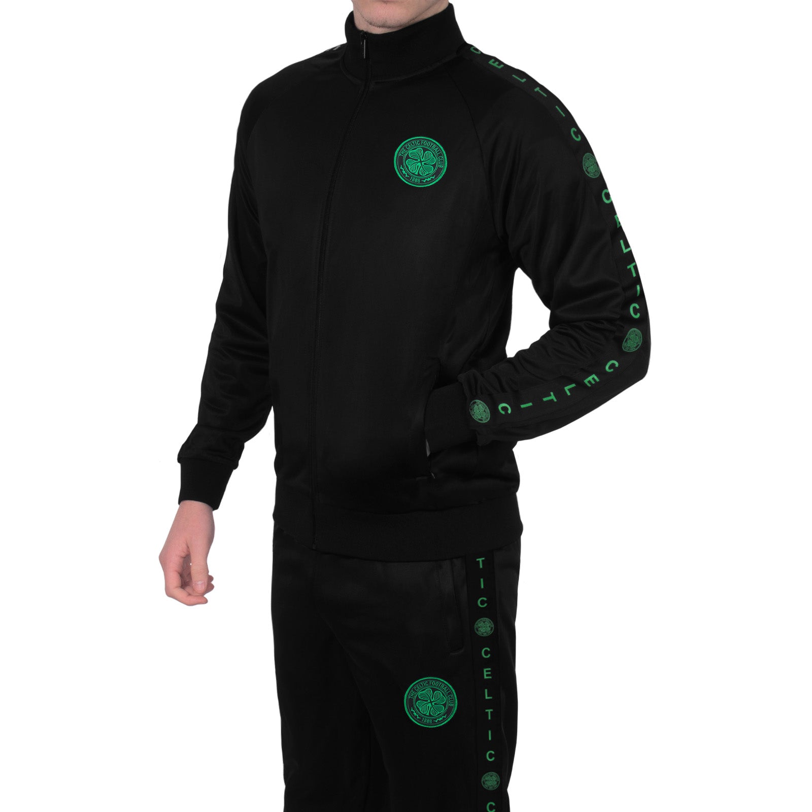 Celtic adults taped tracksuit in black with club crest and text to both top & pants