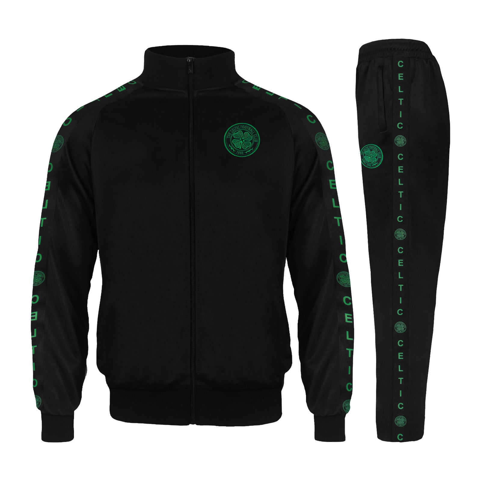 Celtic kids taped tracksuit in black with club crest and text to both top & pants