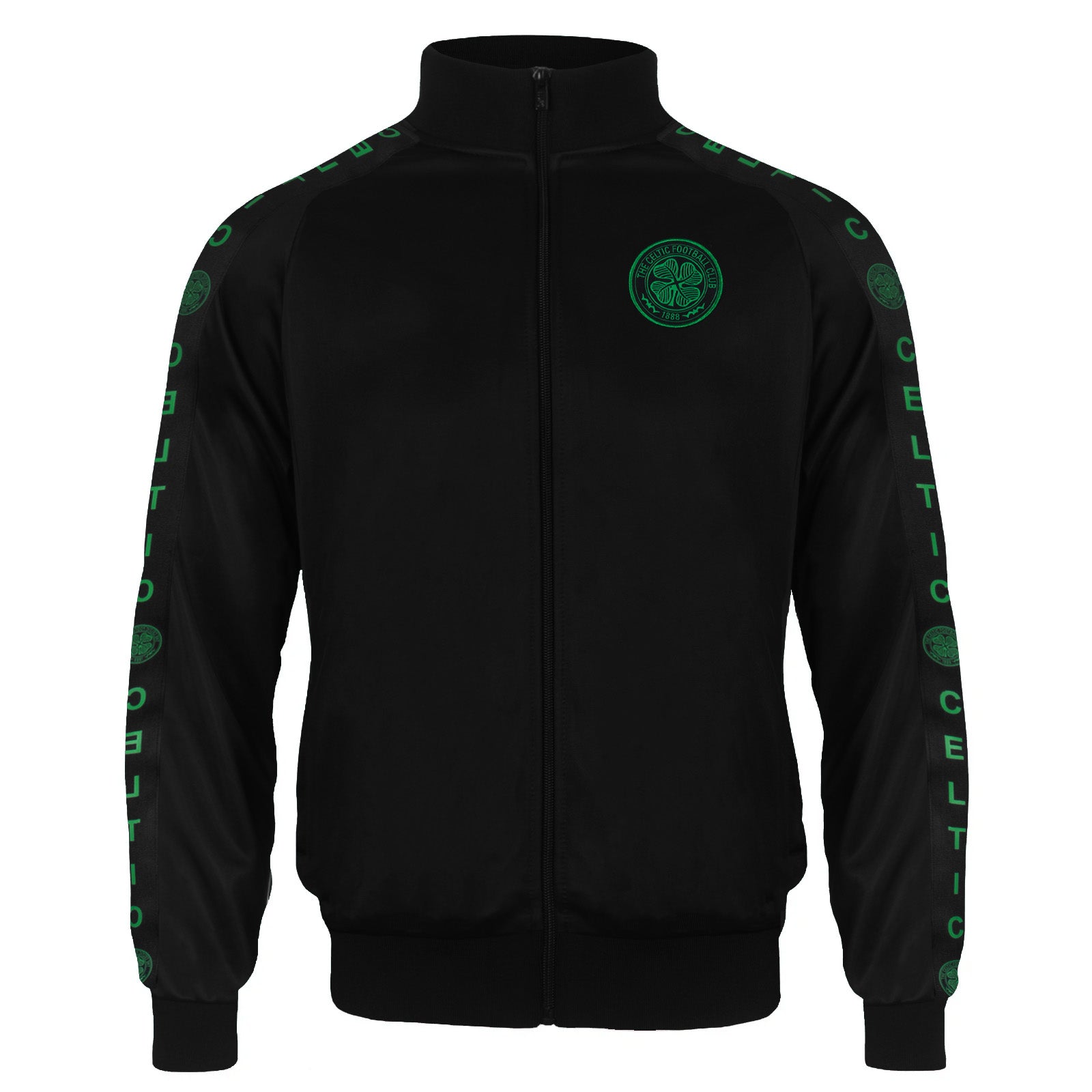 Celtic adults taped tracksuit in black with club crest and text to both top & pants