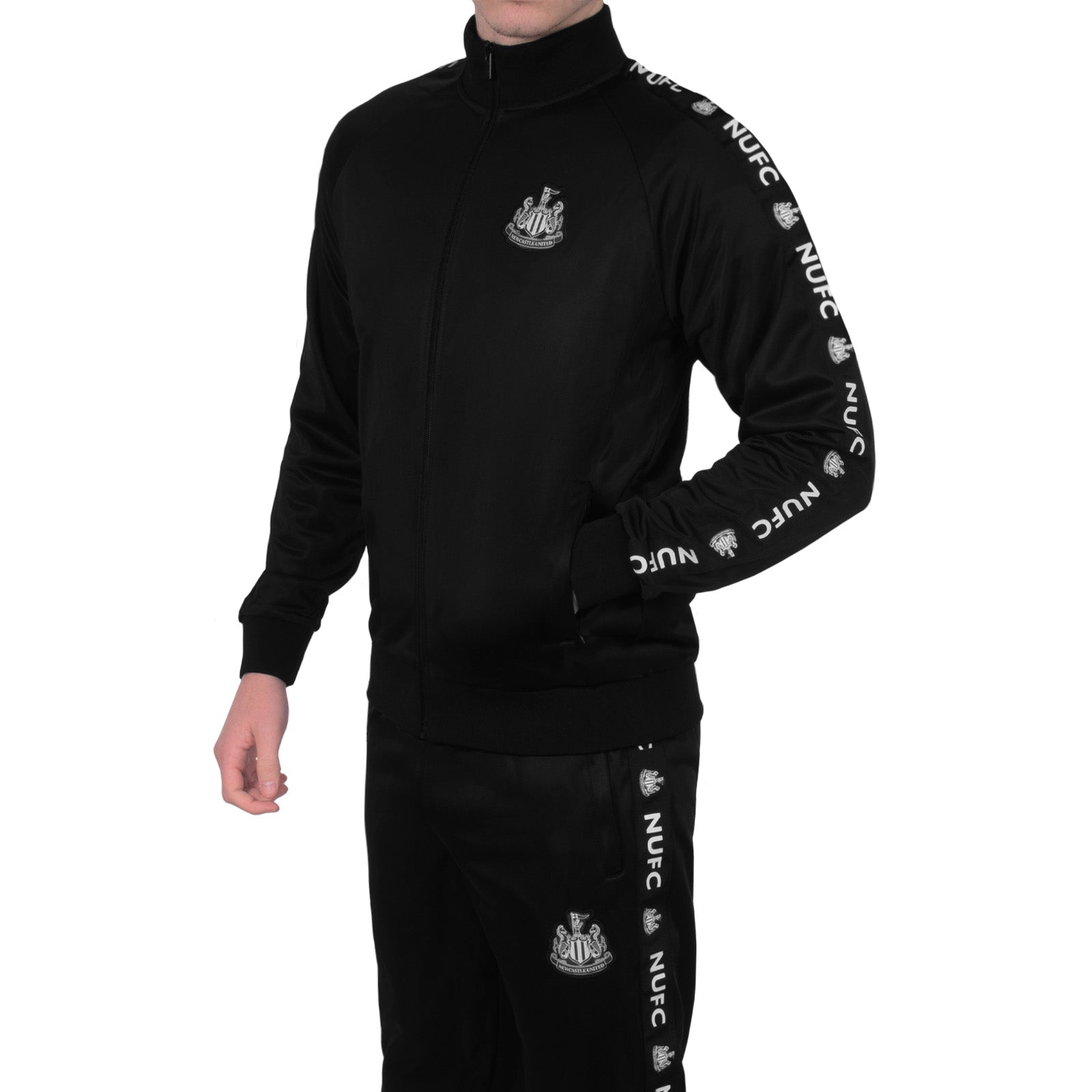 Newcastle United adults taped tracksuit in black with club crest and text to both top & pants