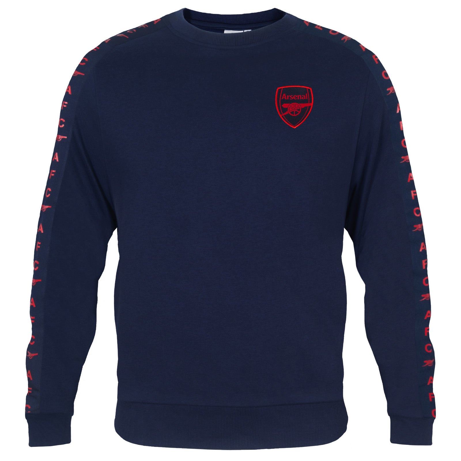 Arsenal adults taped sweatshirt in navy blue with club crest to chest and text to sleeves.