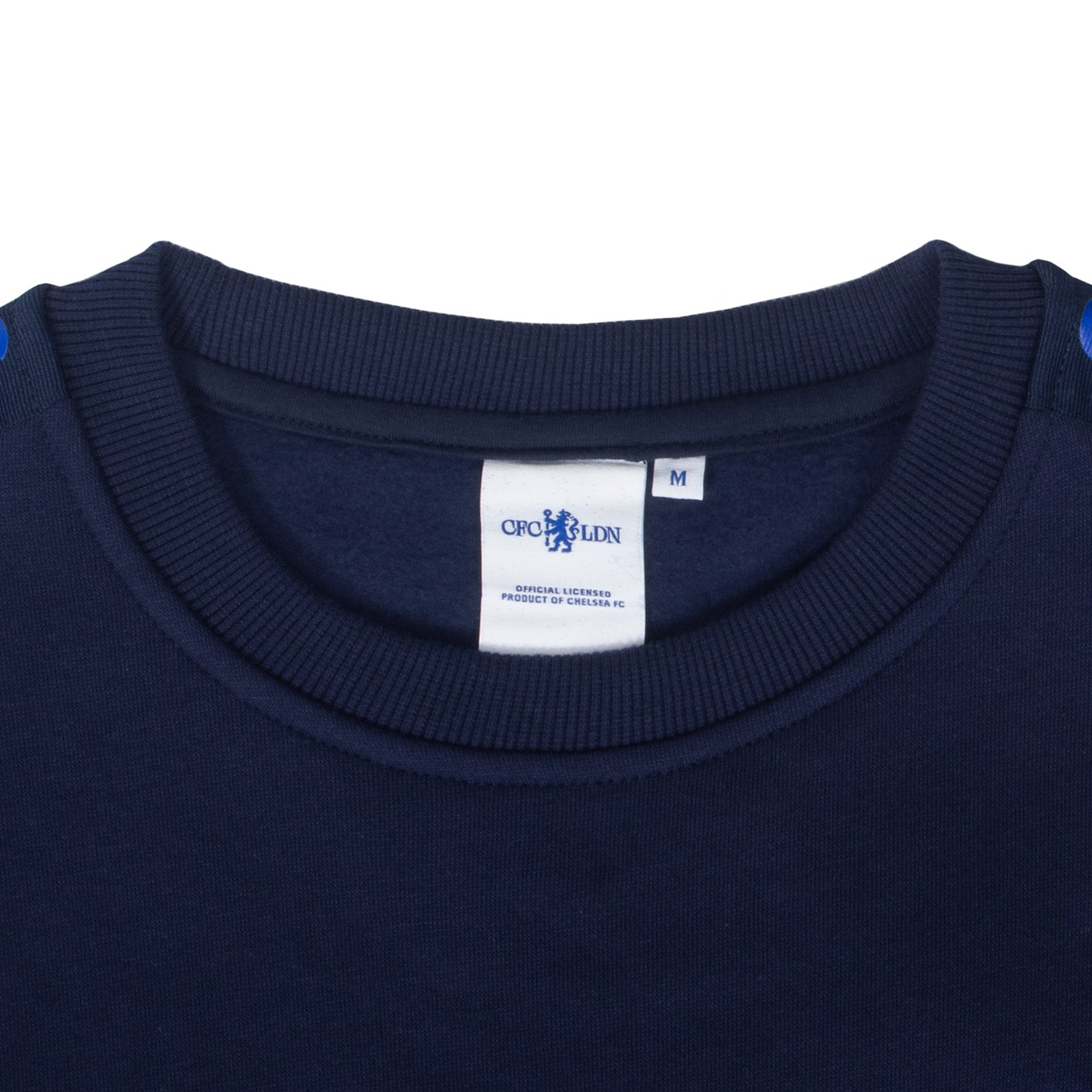 Chelsea adults taped sweatshirt in navy blue with club crest to chest and text to sleeves.