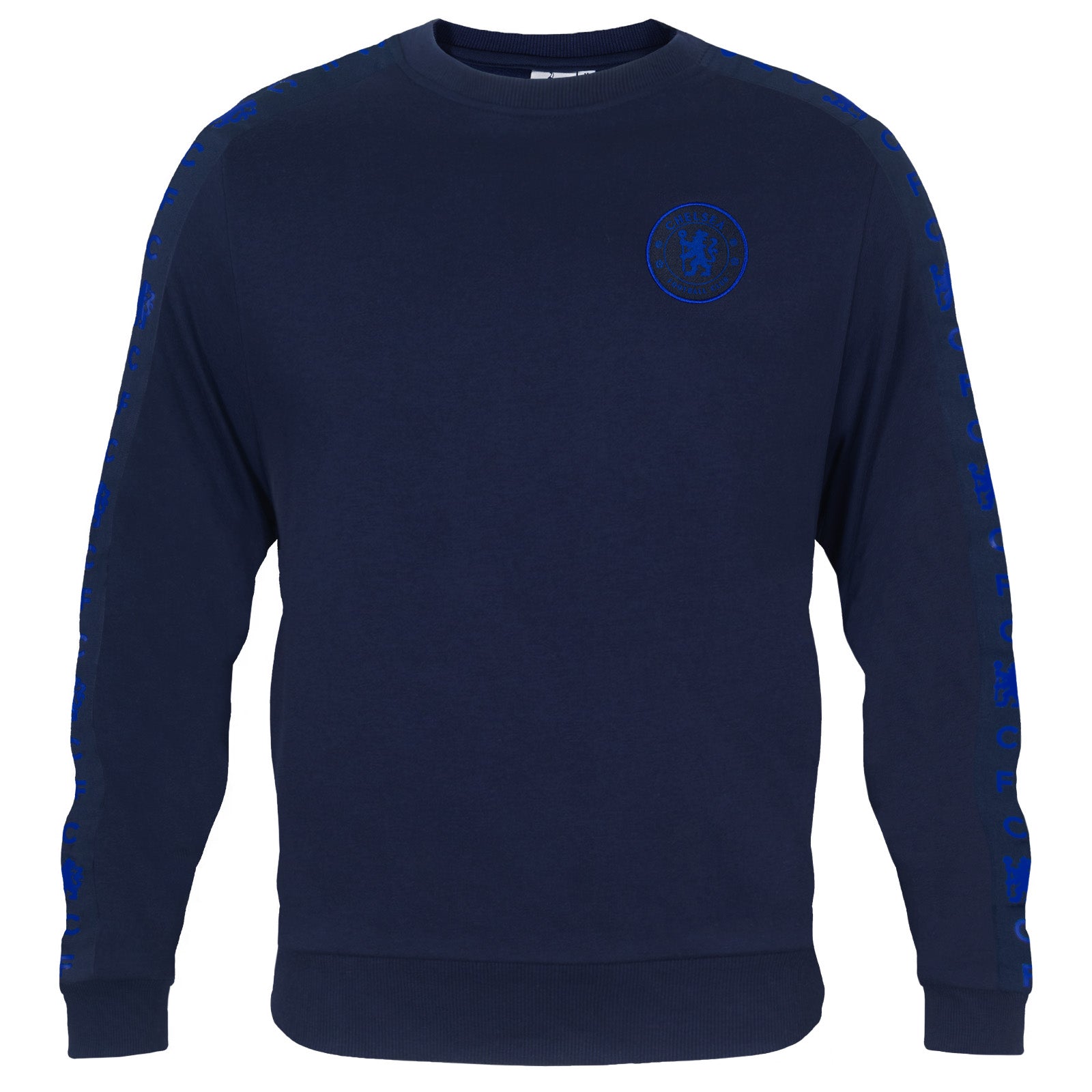 Chelsea adults taped sweatshirt in navy blue with club crest to chest and text to sleeves.