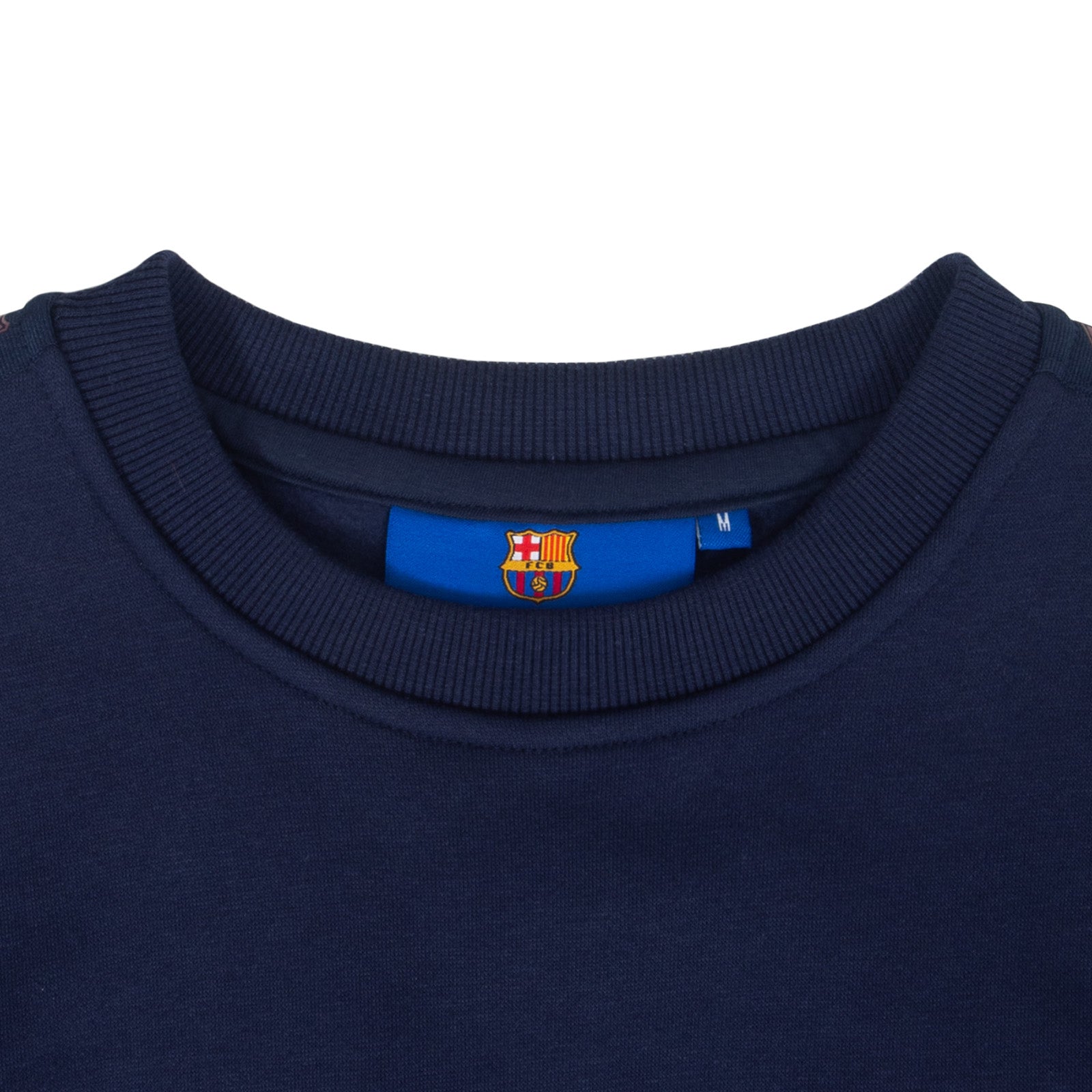 FC Barcelona adults taped sweatshirt in navy blue with club crest to chest and text to sleeves.