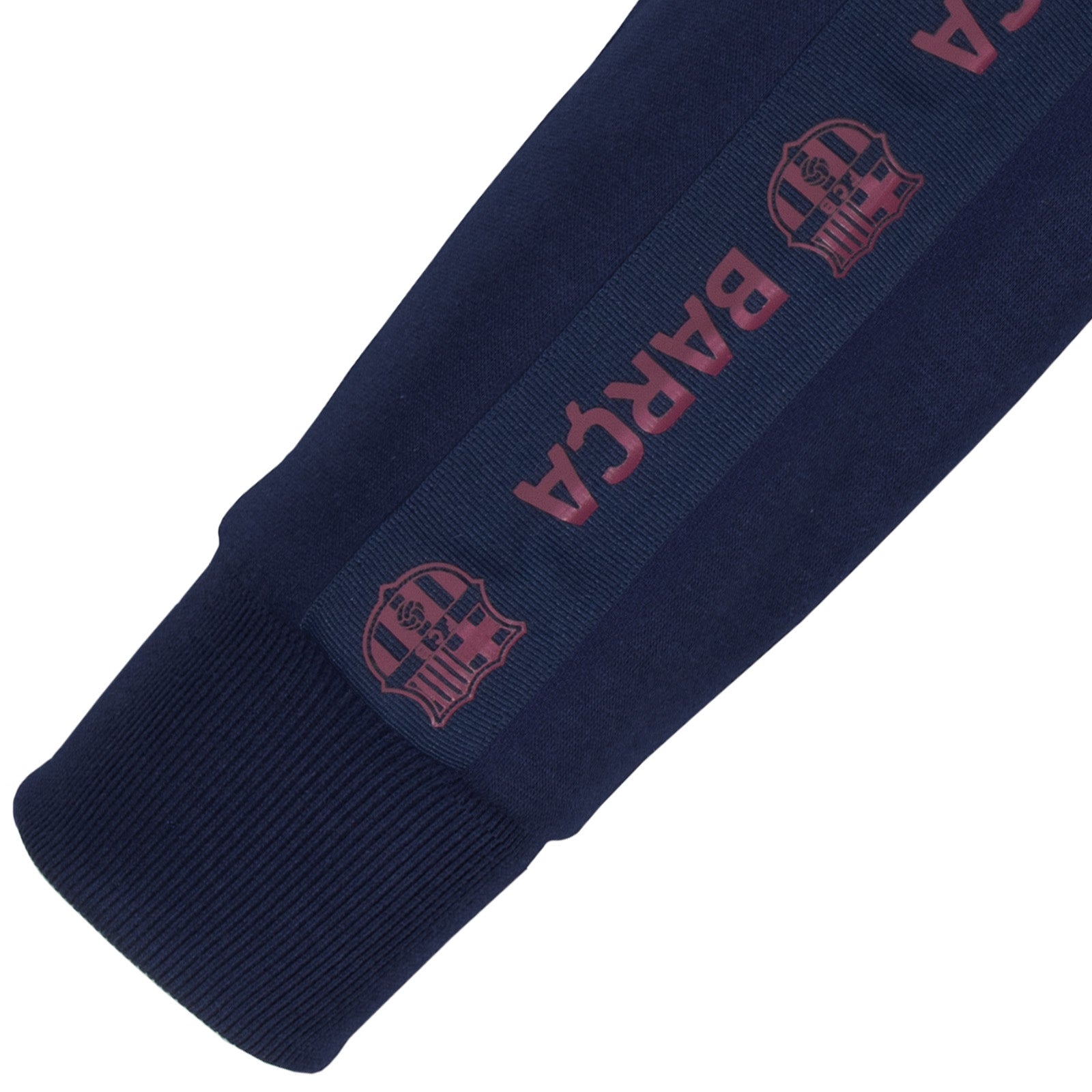 FC Barcelona adults taped sweatshirt in navy blue with club crest to chest and text to sleeves.