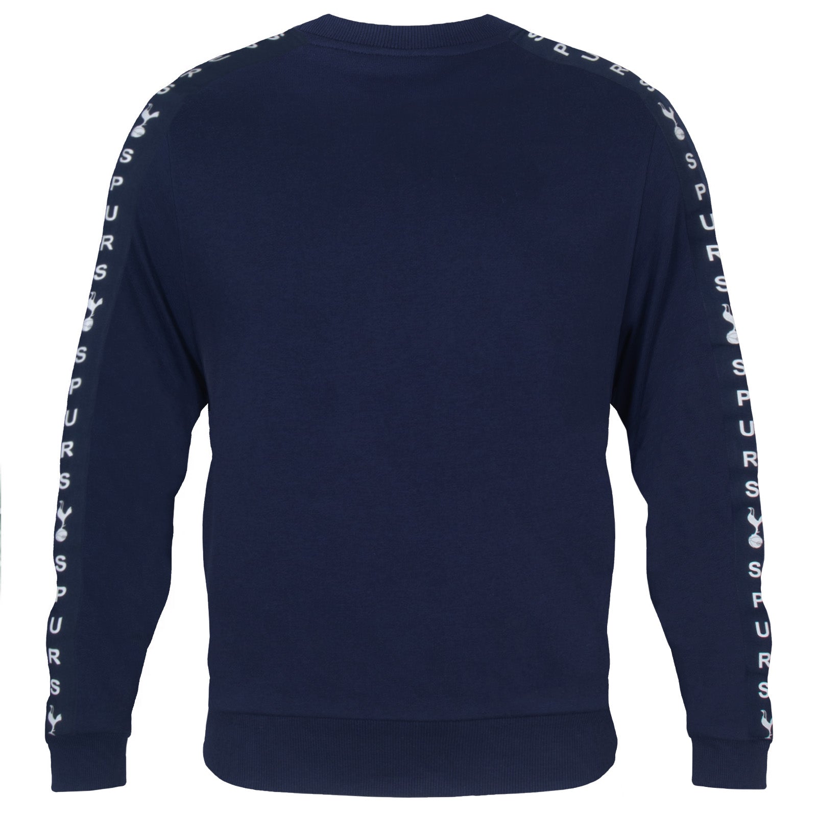 Tottenham Hotspur adults taped sweatshirt in navy blue with club crest to chest and text to sleeves.