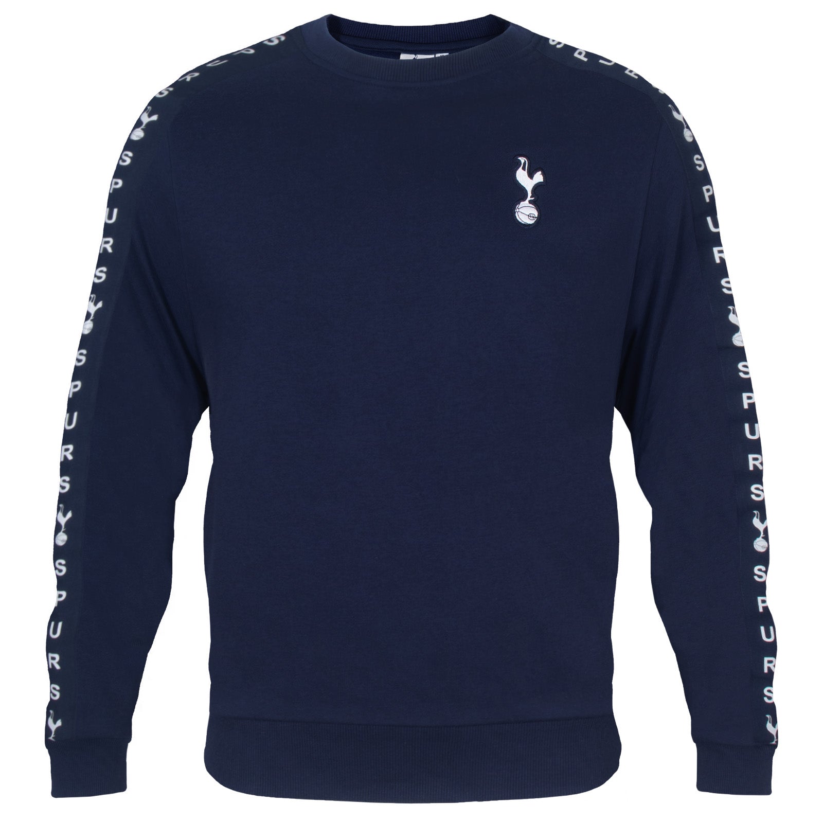 Tottenham Hotspur adults taped sweatshirt in navy blue with club crest to chest and text to sleeves.