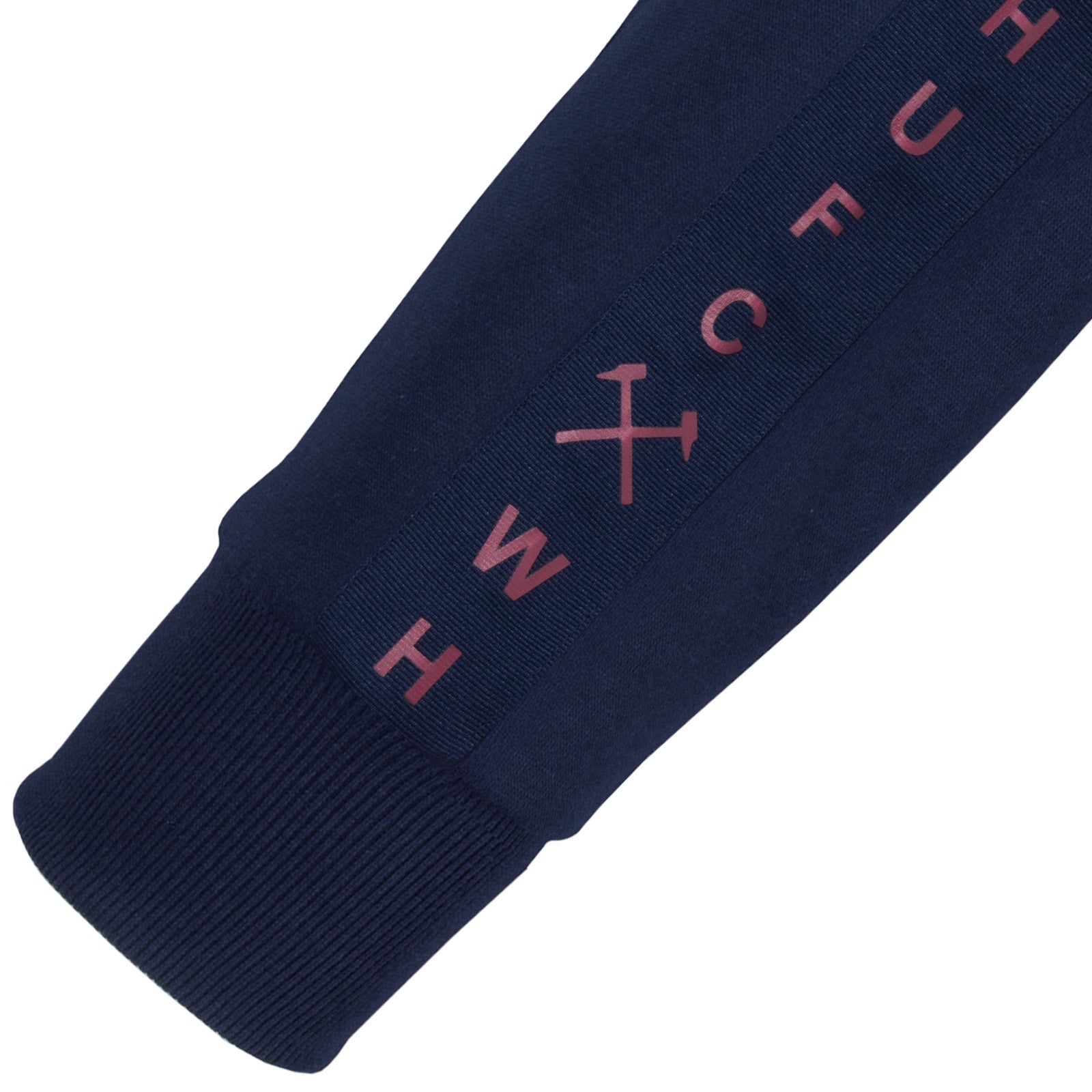 West Ham United adults taped sweatshirt in navy blue with club crest to chest and text to sleeves.