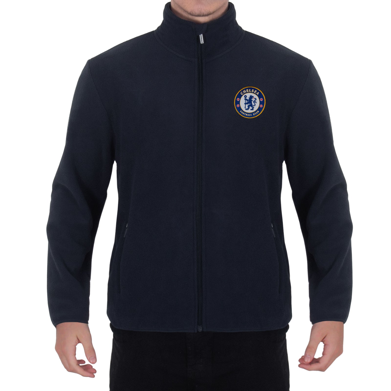 Chelsea adults microfleece jacket in navy with a woven club crest to chest.