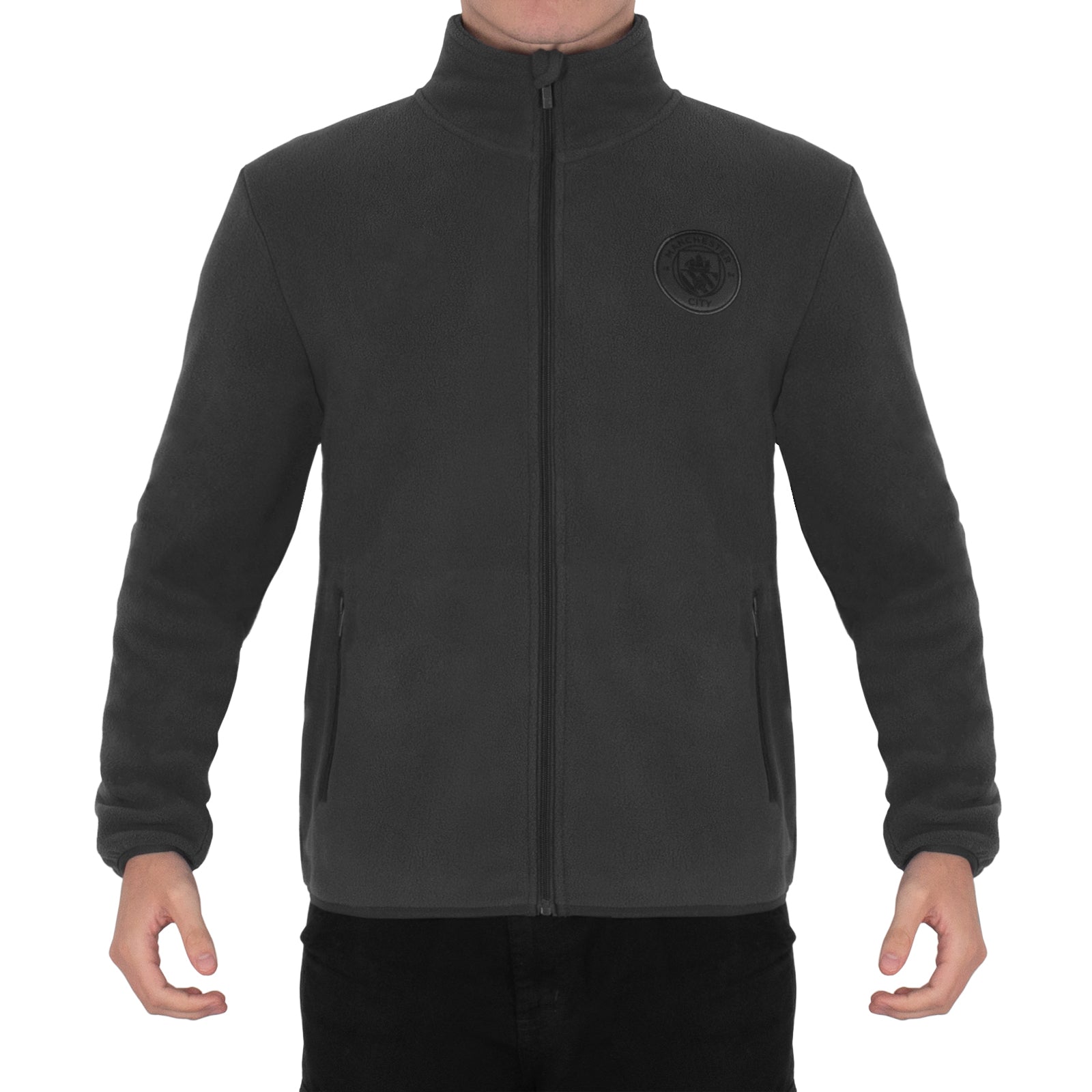 Manchester City adults microfleece jacket in grey with a woven club crest to chest.