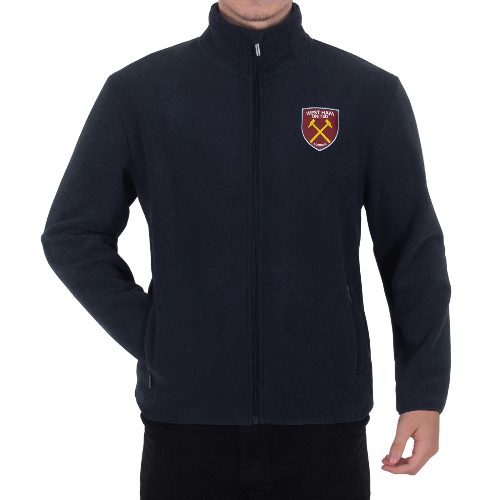 West Ham United adults microfleece jacket in navy with a woven club crest to chest.
