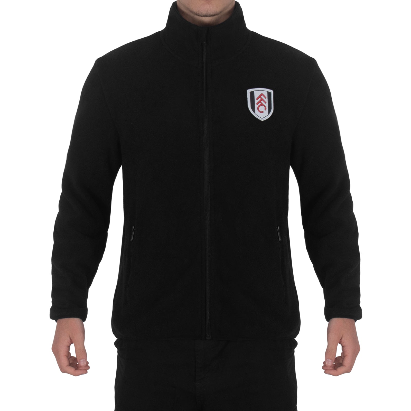 Fulham adults microfleece jacket in black with a woven club crest to chest.