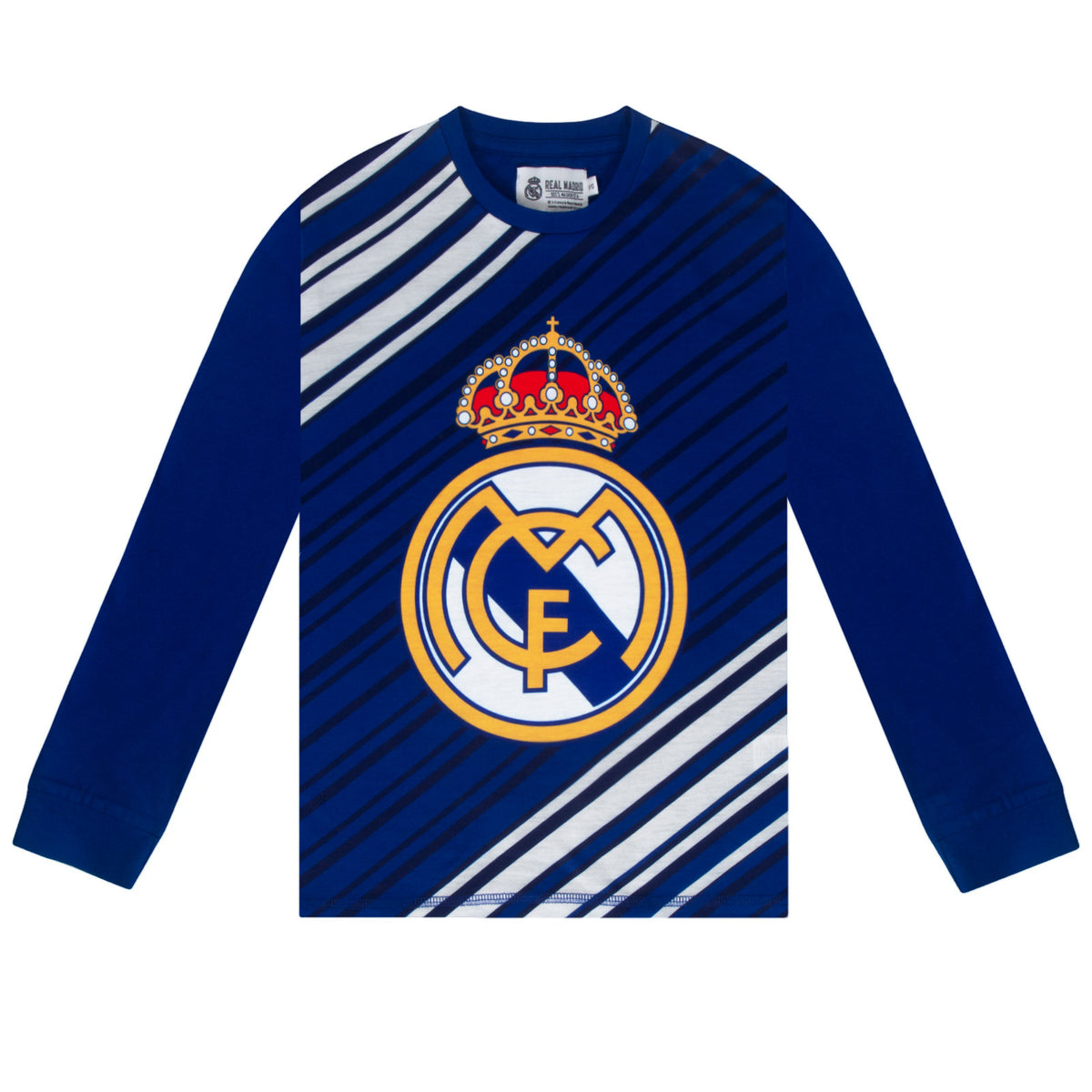 Real Madrid kids long pyjamas in reflex blue. Long sleeve top featuring the club crest. Long legged bottoms with the club crest and Real Madrid Text.