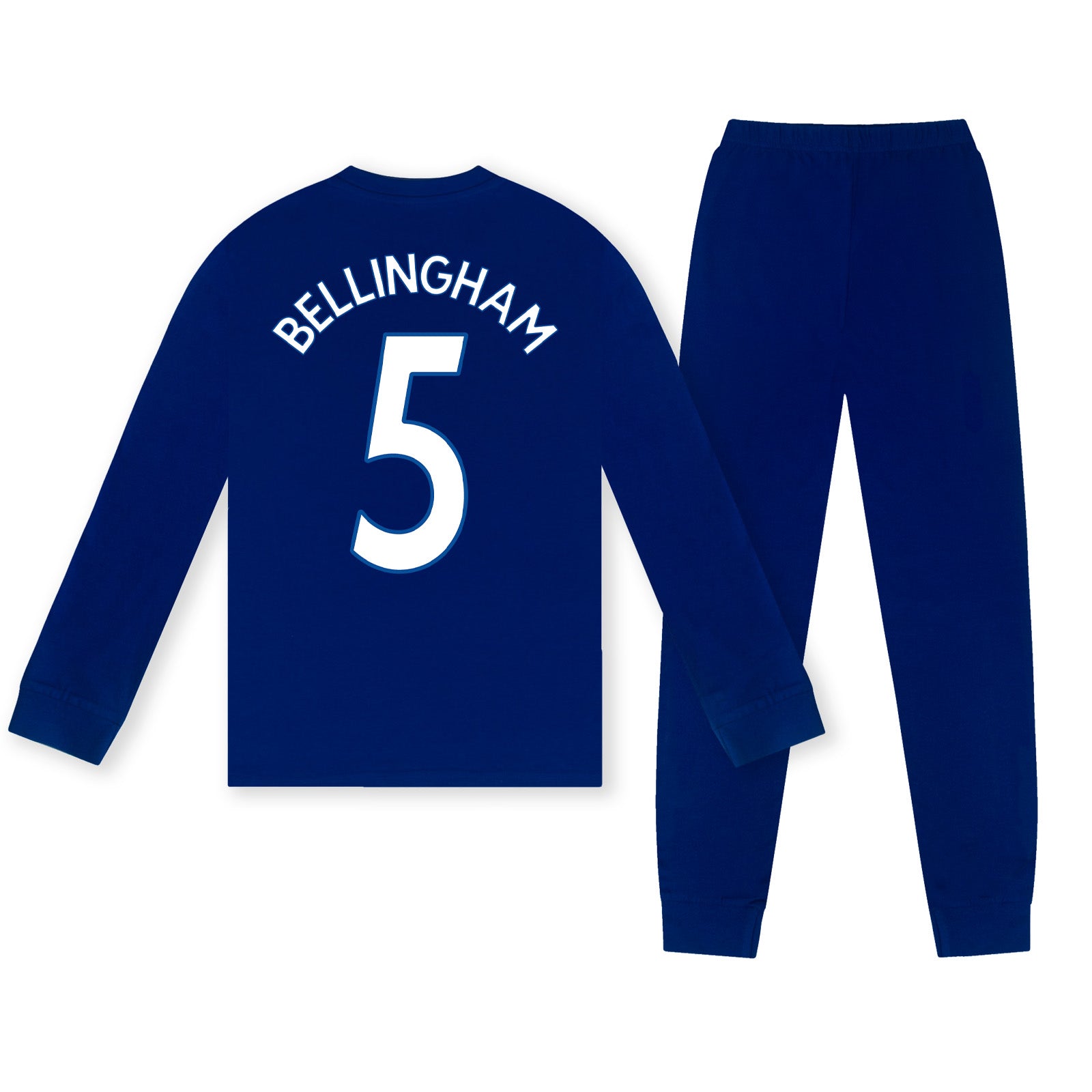 Real Madrid kids long pyjamas in reflex blue. Long sleeve top featuring the club crest. Long legged bottoms with the club crest and Real Madrid Text.