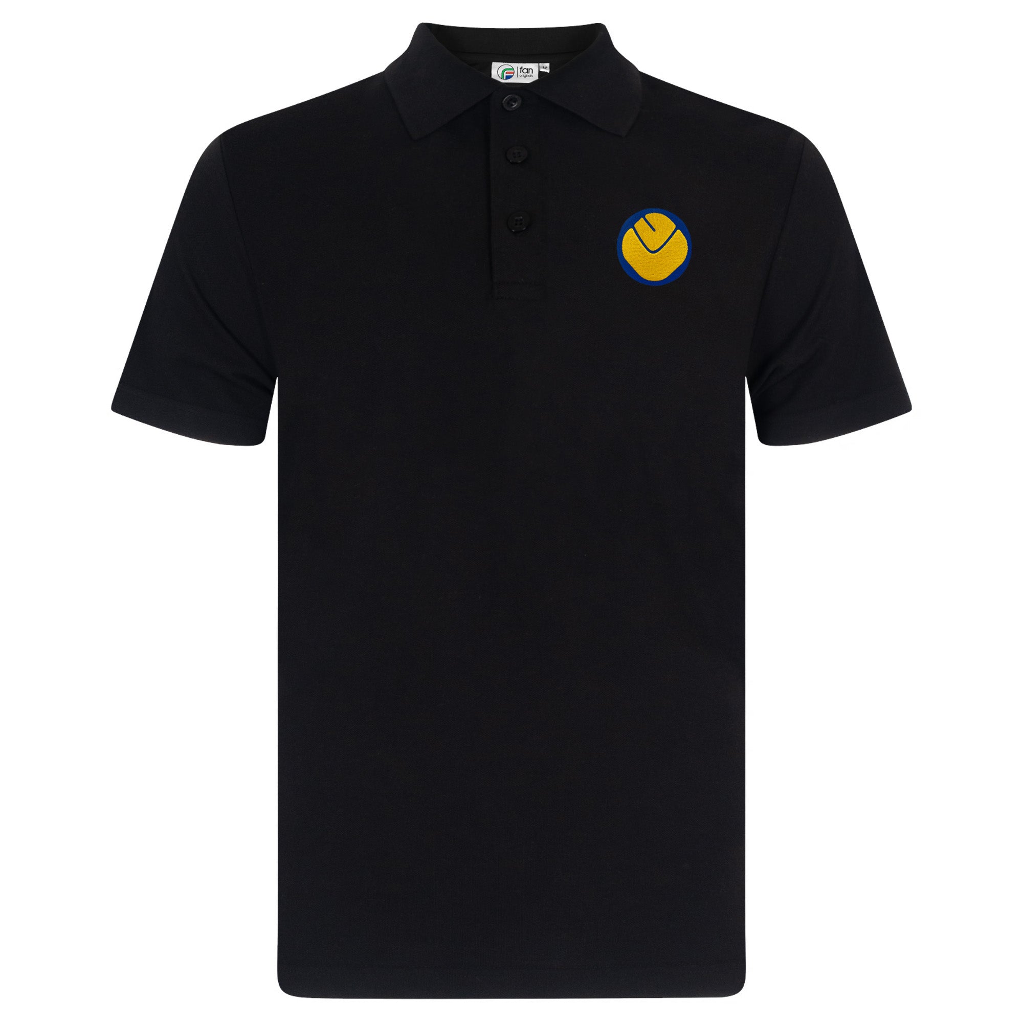 Leeds retro polo shirt in black with a smiley embroidered crest applique patch to chest