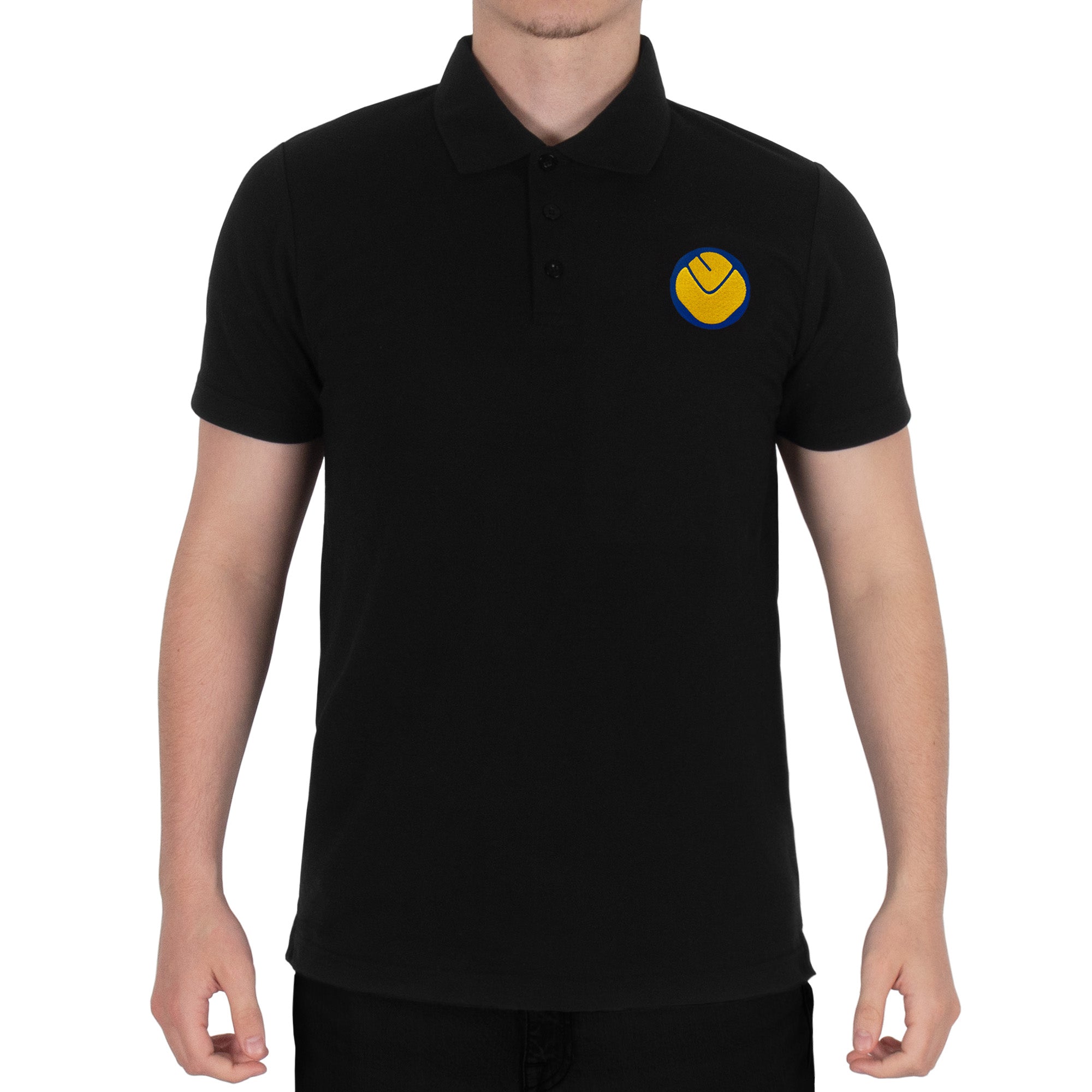 Leeds retro polo shirt in black with a smiley embroidered crest applique patch to chest