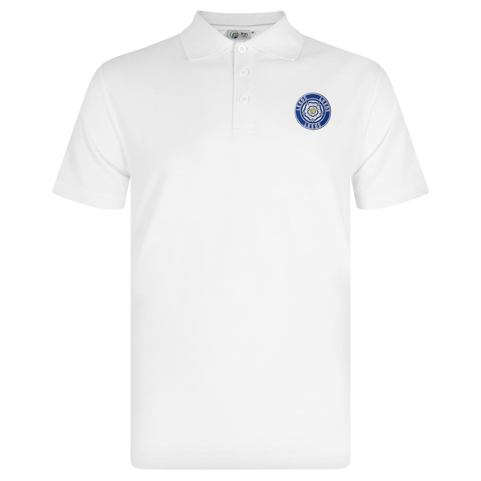 Leeds retro polo shirt in white with a rose embroidered crest applique patch to chest