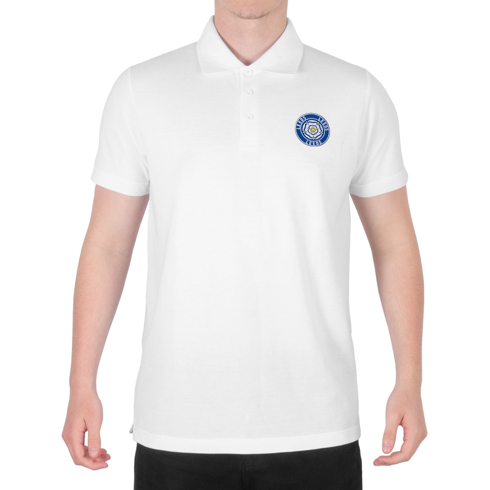 Leeds retro polo shirt in white with a rose embroidered crest applique patch to chest