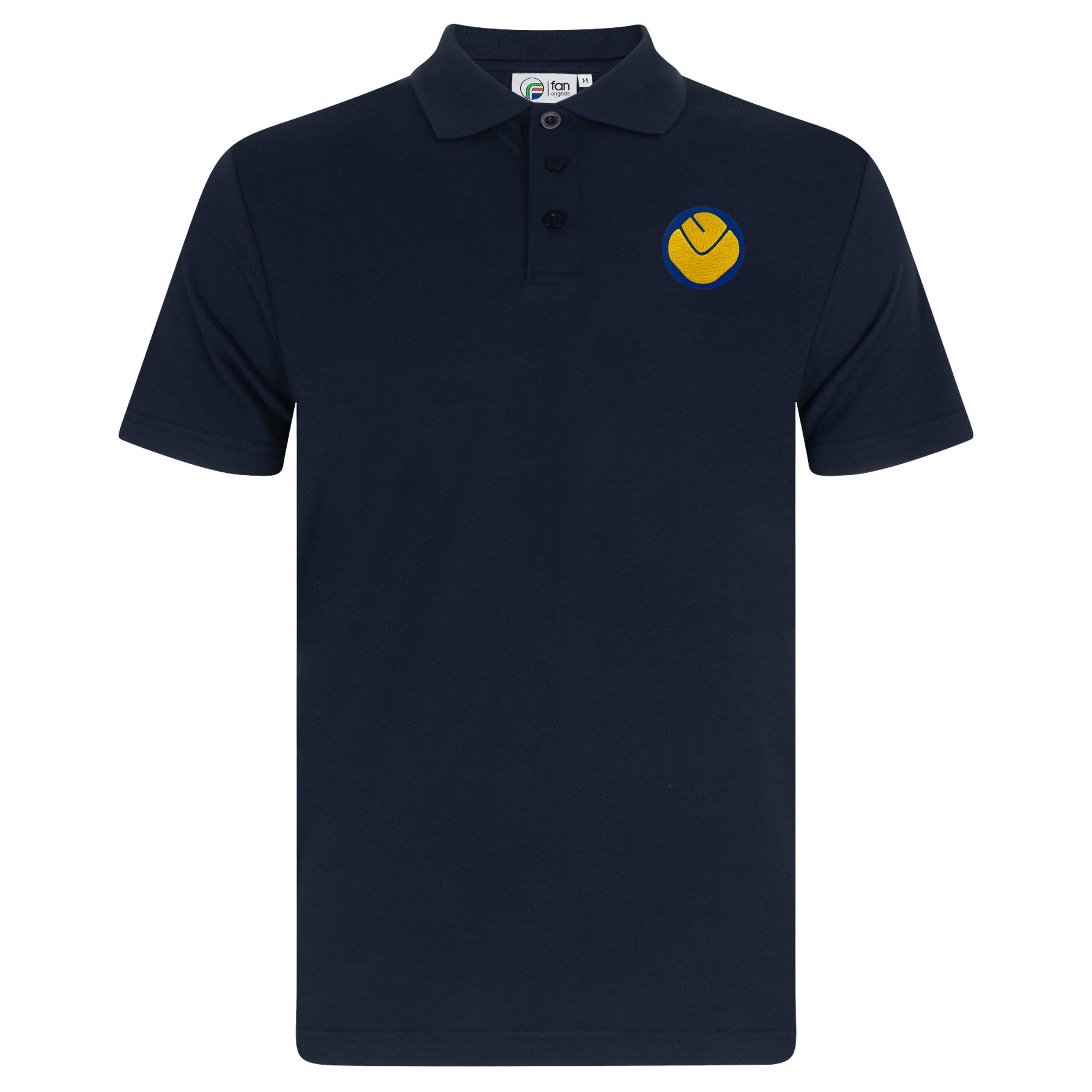 Leeds retro polo shirt in navy with a smiley embroidered crest applique patch to chest
