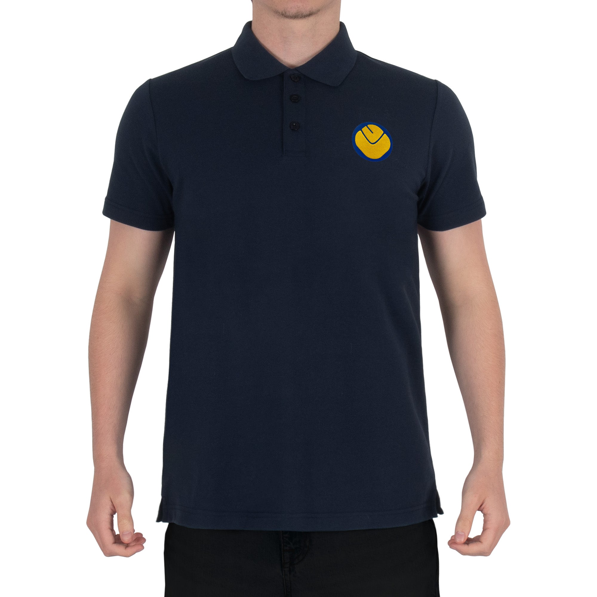 Leeds retro polo shirt in navy with a smiley embroidered crest applique patch to chest