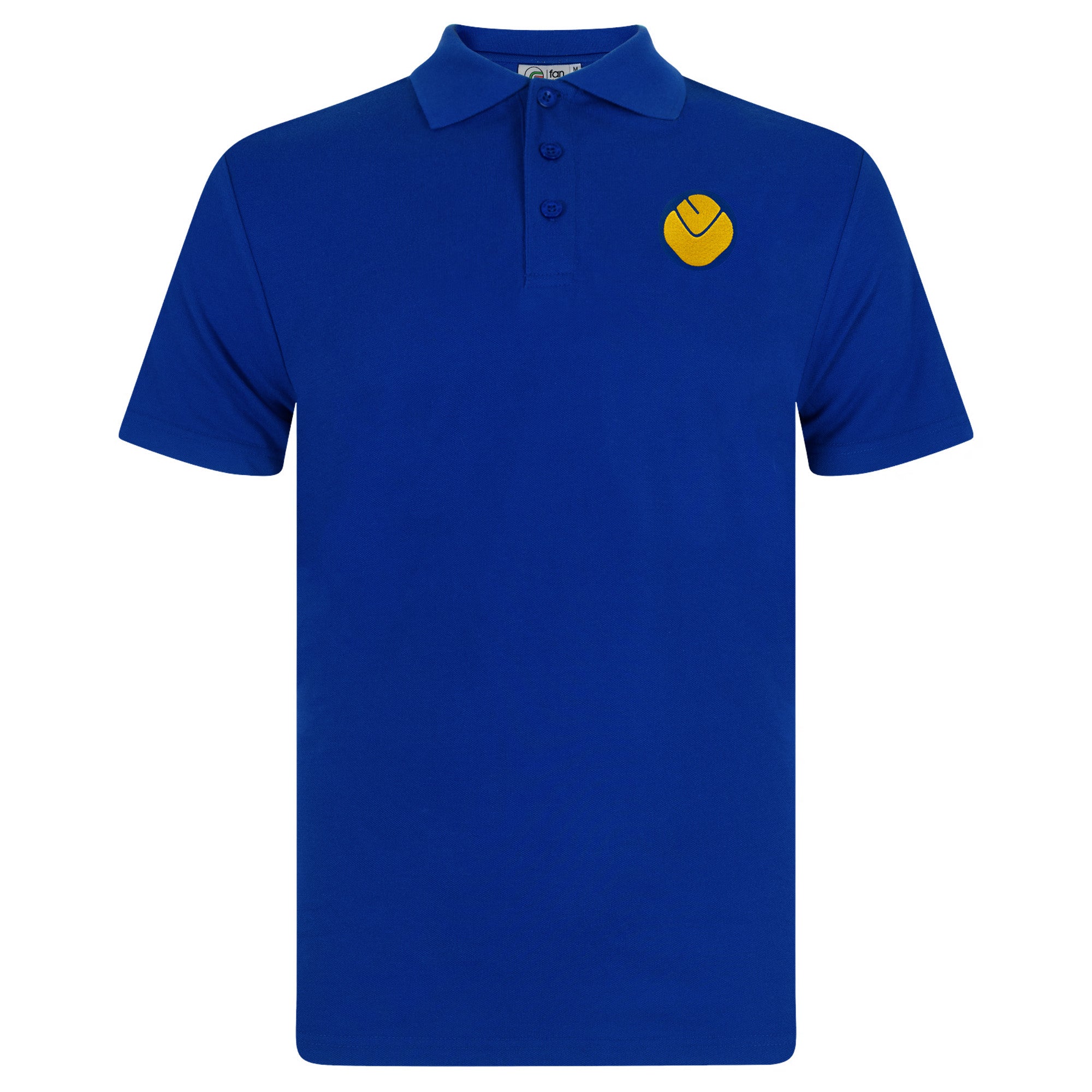 Leeds retro polo shirt in royal with a smiley embroidered crest applique patch to chest