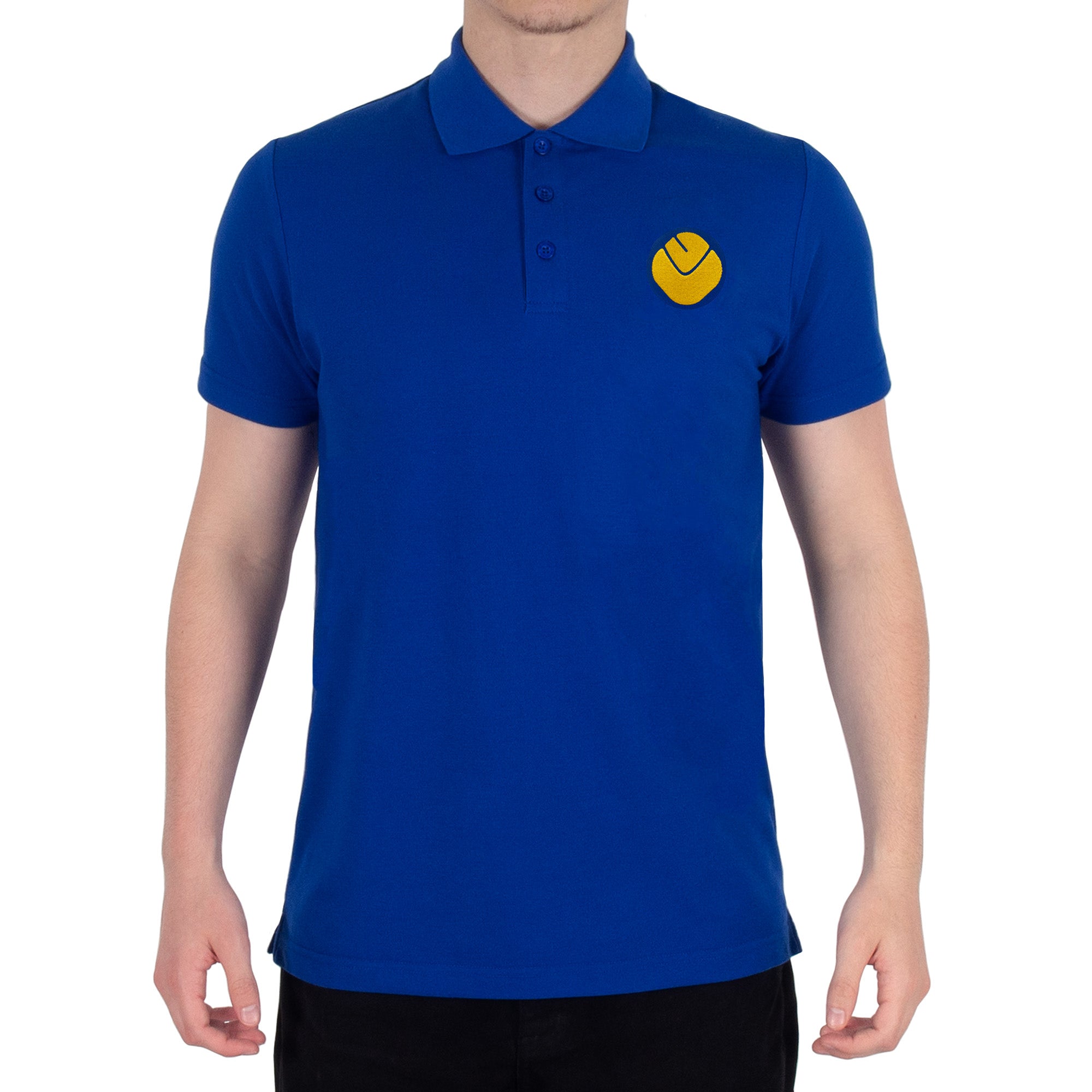 Leeds retro polo shirt in royal with a smiley embroidered crest applique patch to chest