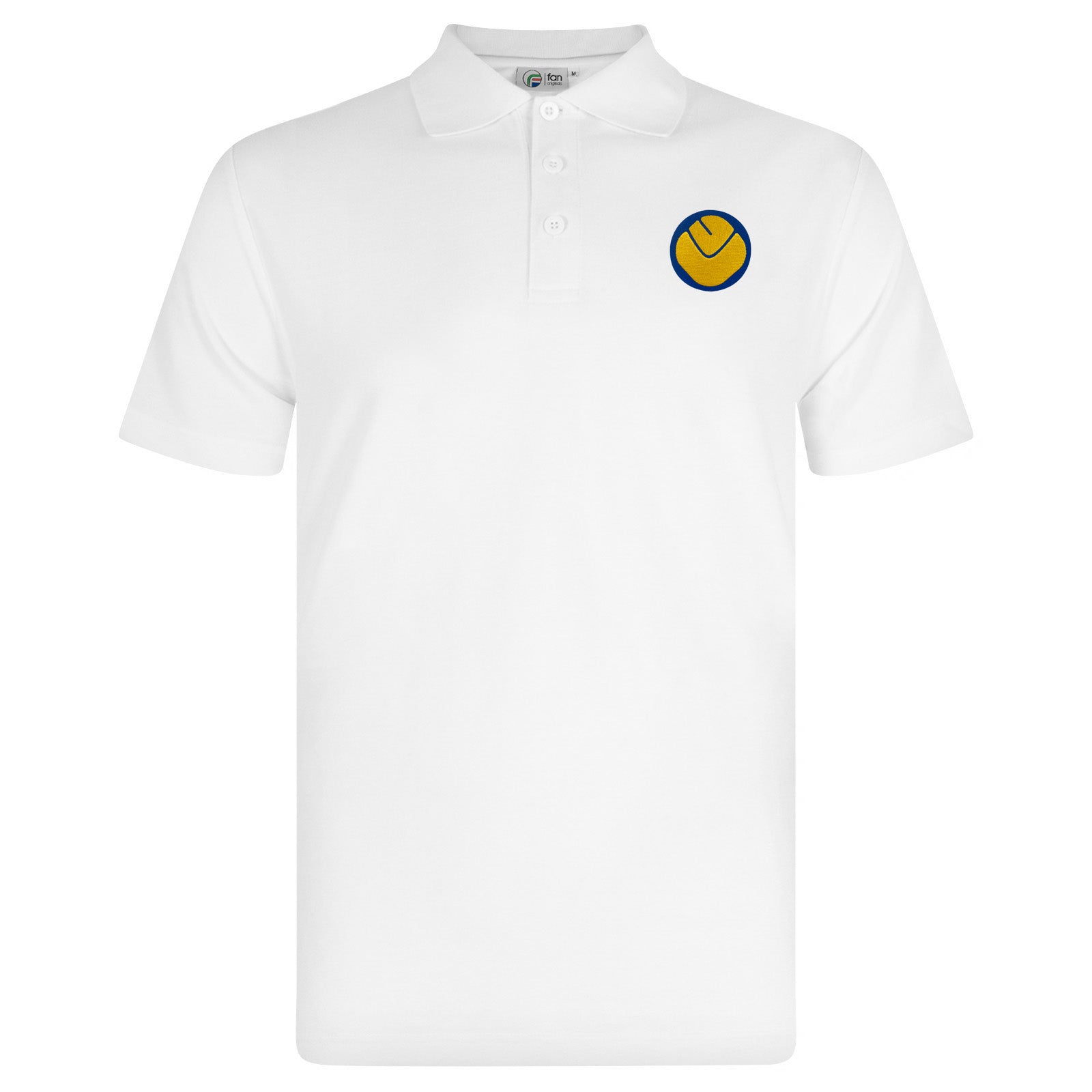 Leeds retro polo shirt in white with a smiley embroidered crest applique patch to chest