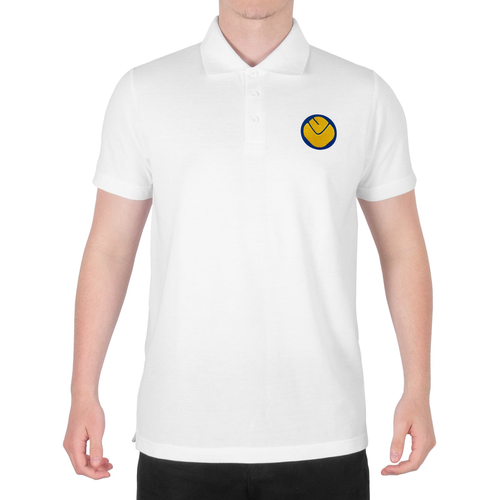 Leeds retro polo shirt in white with a smiley embroidered crest applique patch to chest