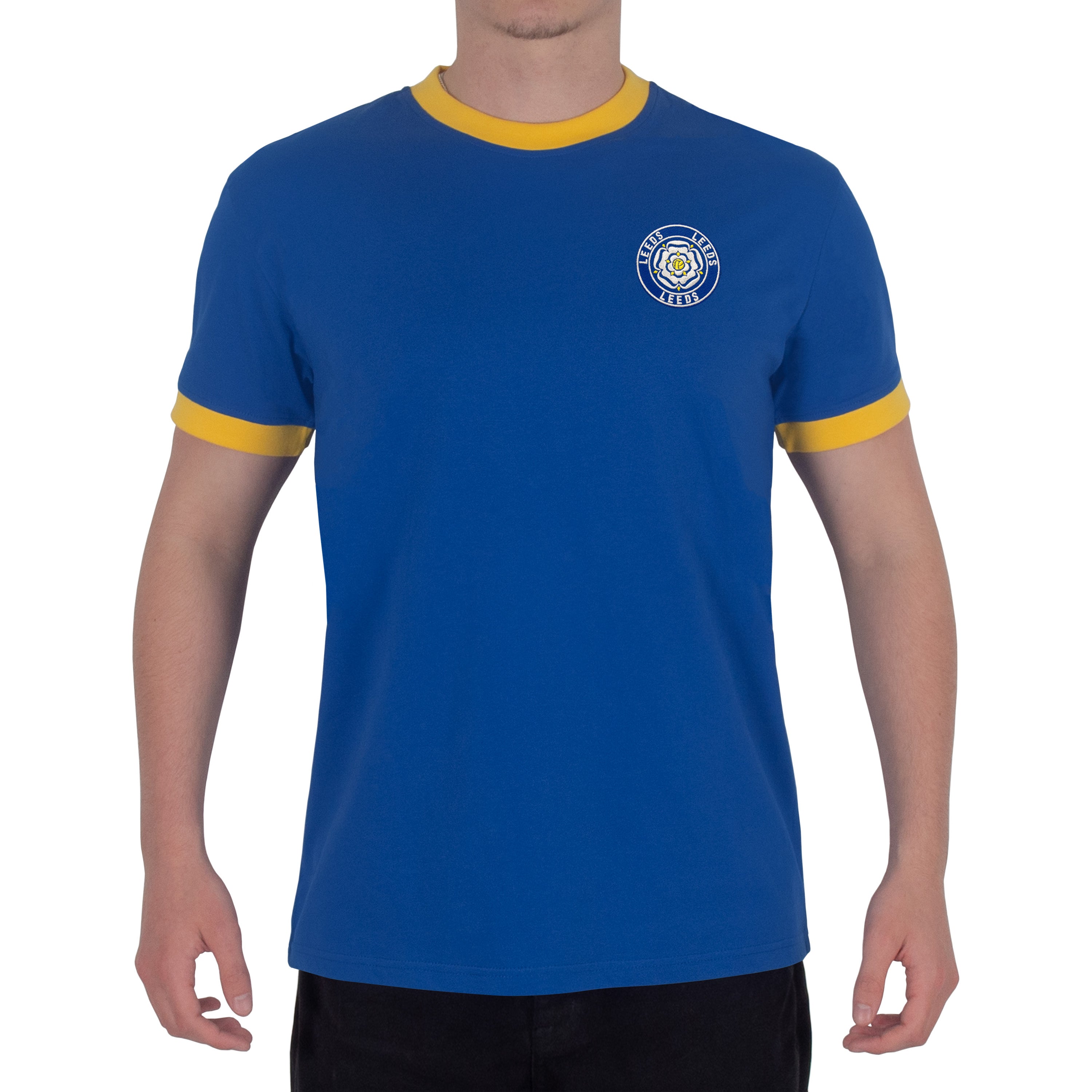 Leeds retro crew neck t-shirt in royal with embroidered applique rose crest
