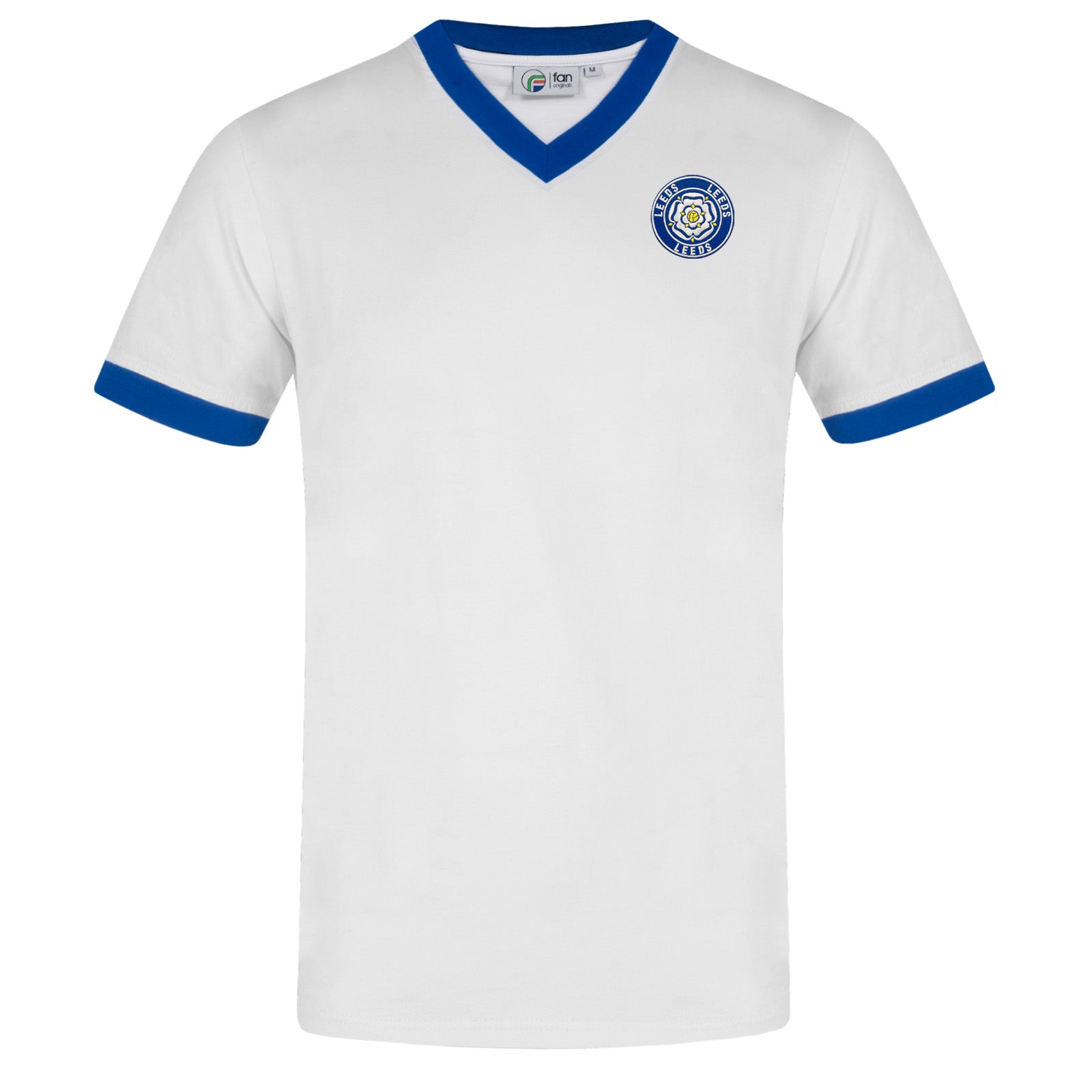 Leeds retro v-neck t-shirt in white with embroidered applique rose crest