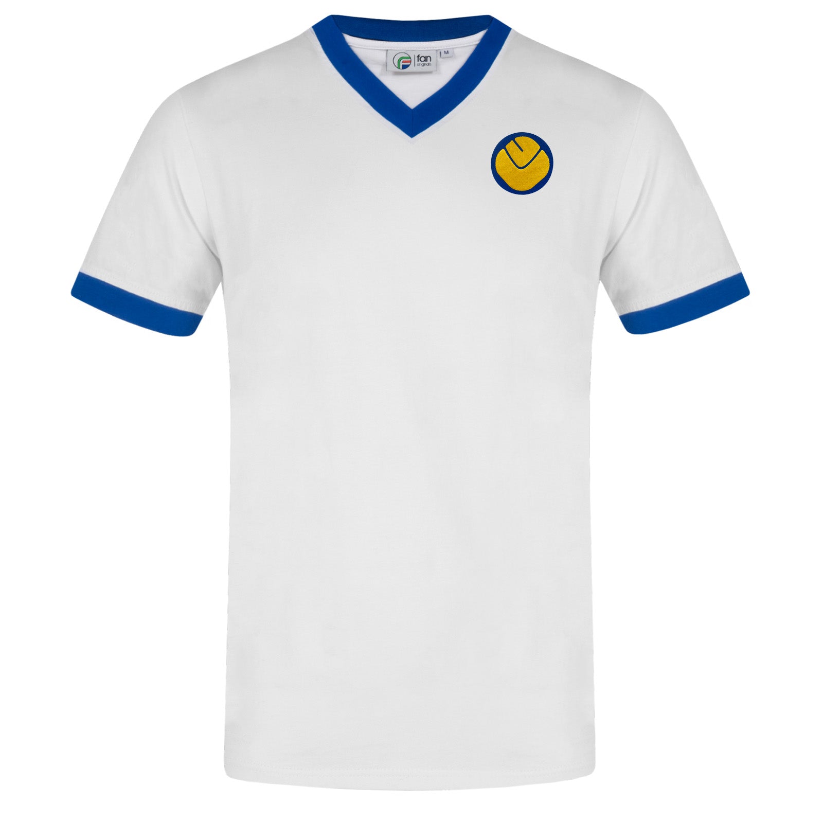 Leeds retro v-neck t-shirt in white with embroidered applique smiley crest