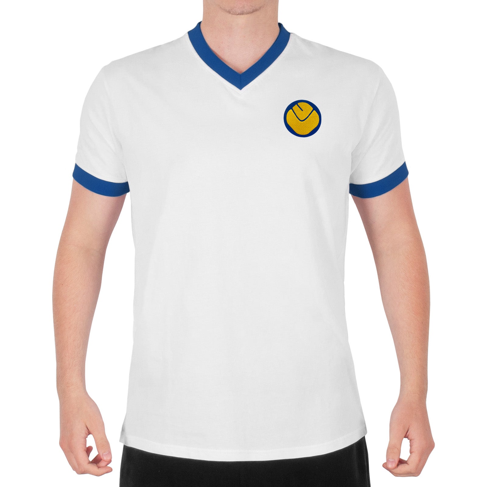 Leeds retro v-neck t-shirt in white with embroidered applique smiley crest