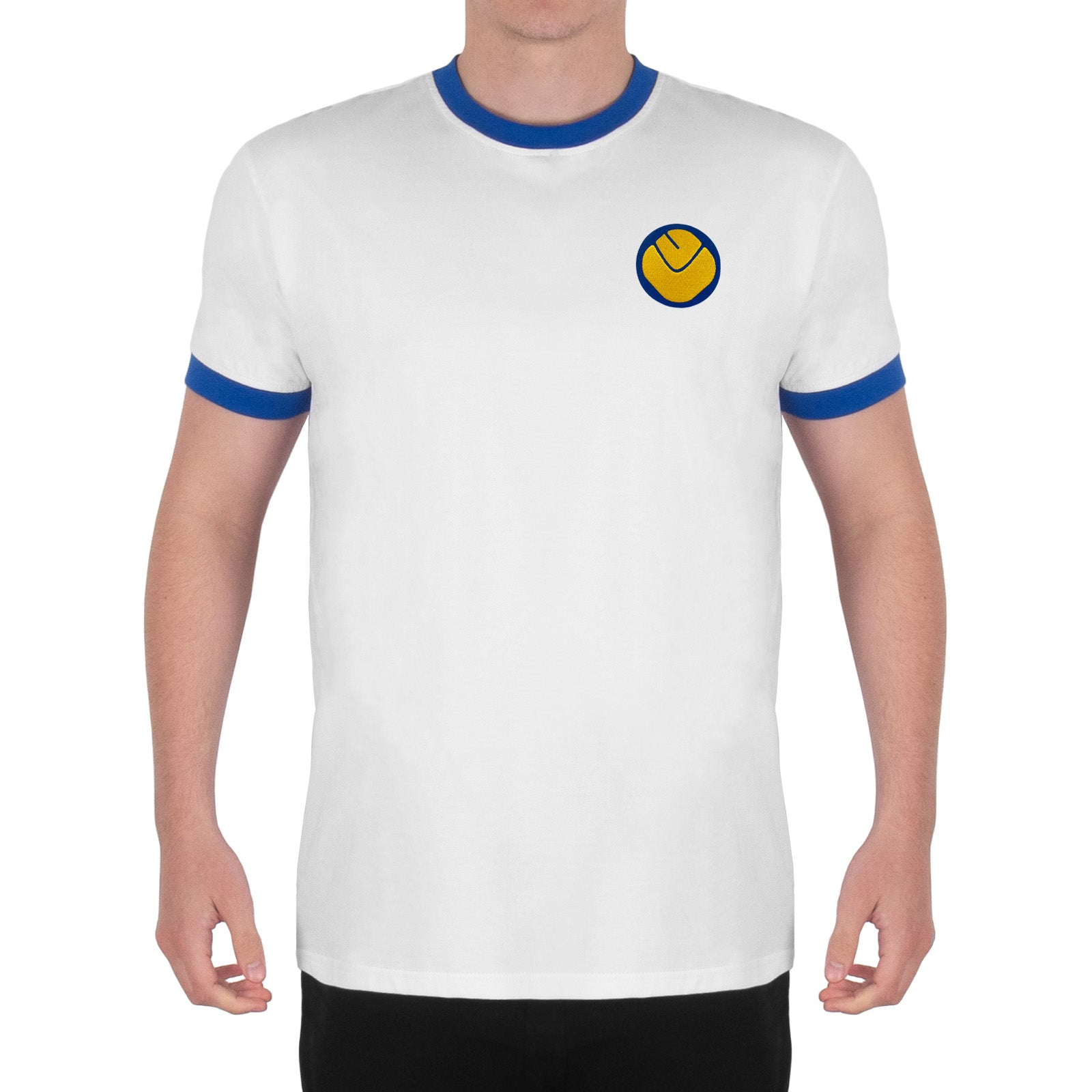 Leeds retro crew neck t-shirt in white with embroidered applique smiley crest
